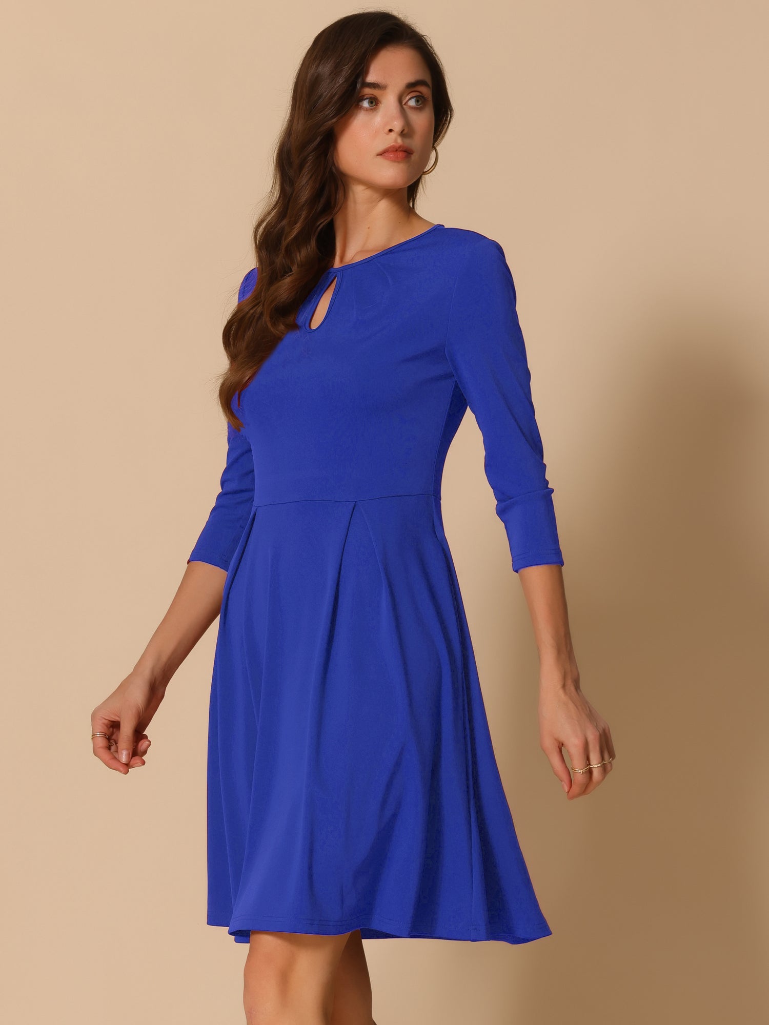3/4 Sleeve Pleated Keyhole Pockets A-Line Above Knee Dress
