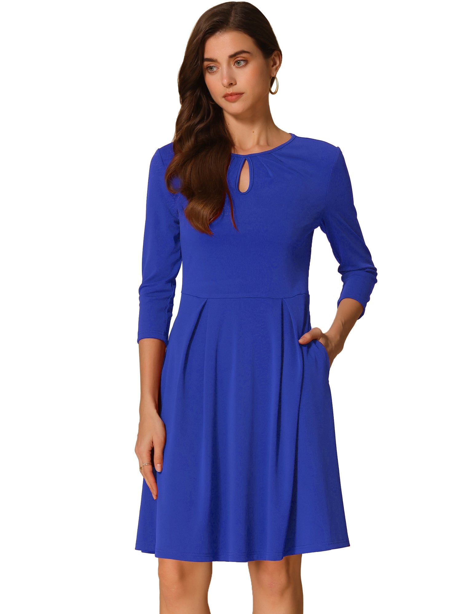 3/4 Sleeve Pleated Keyhole Pockets A-Line Above Knee Dress
