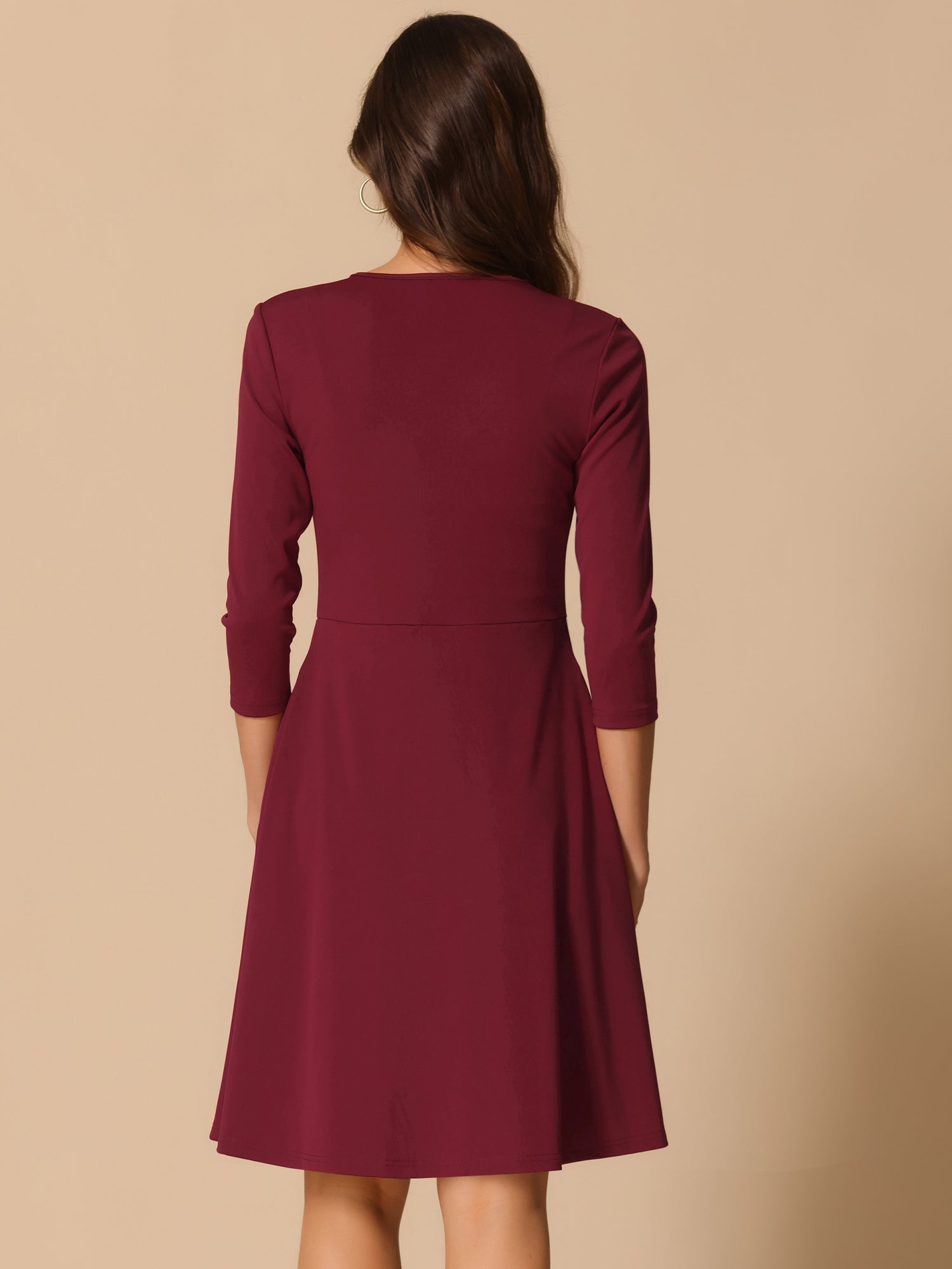 3/4 Sleeve Pleated Keyhole Pockets A-Line Above Knee Dress