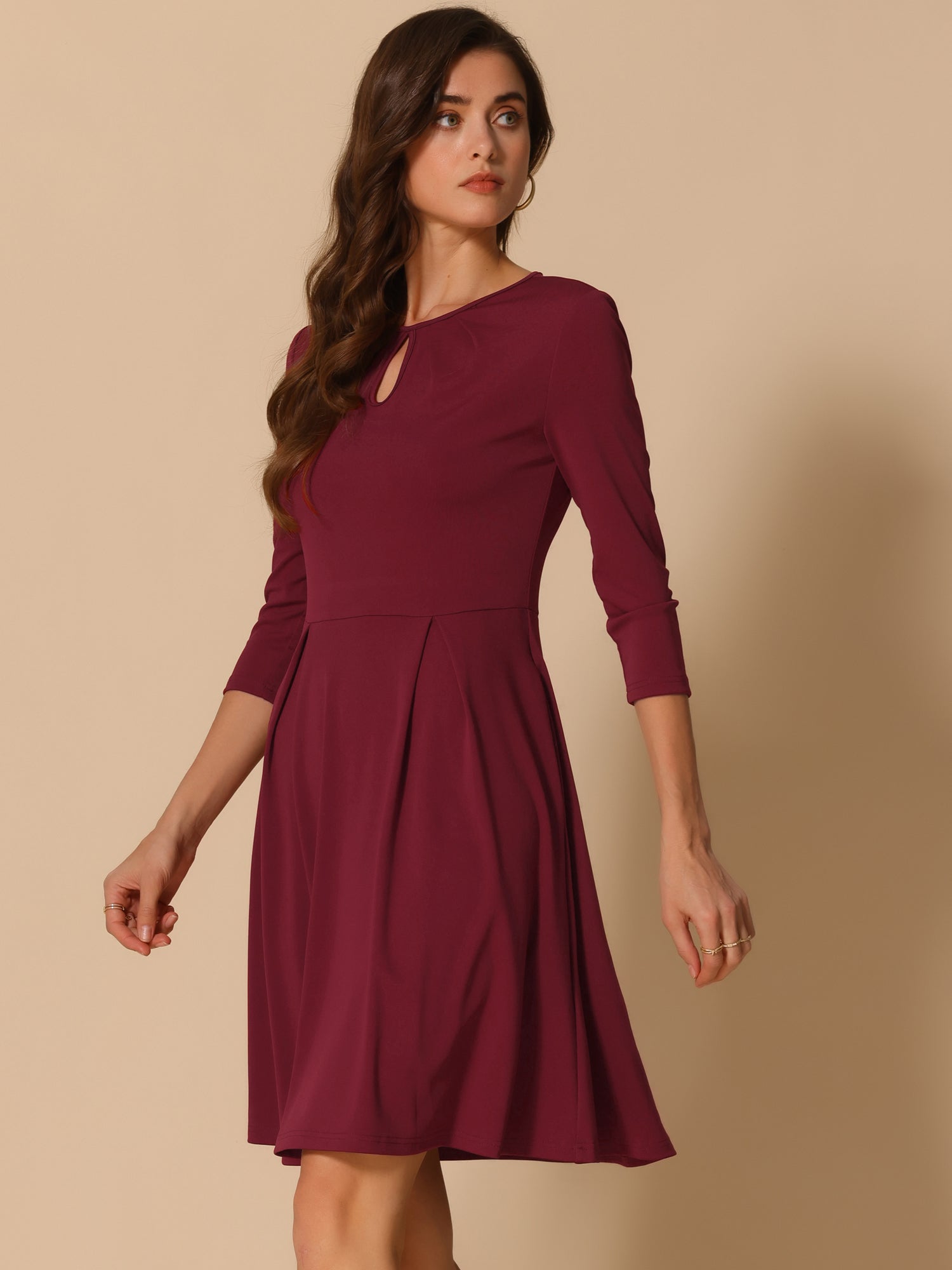 3/4 Sleeve Pleated Keyhole Pockets A-Line Above Knee Dress