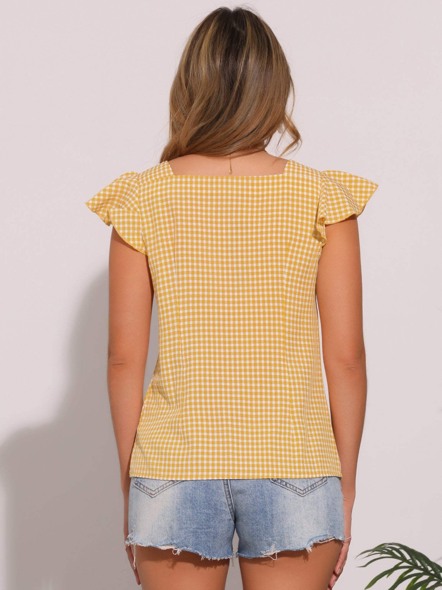Summer Gingham Tops Square Neck Ruffle Cap Sleeve Blouse