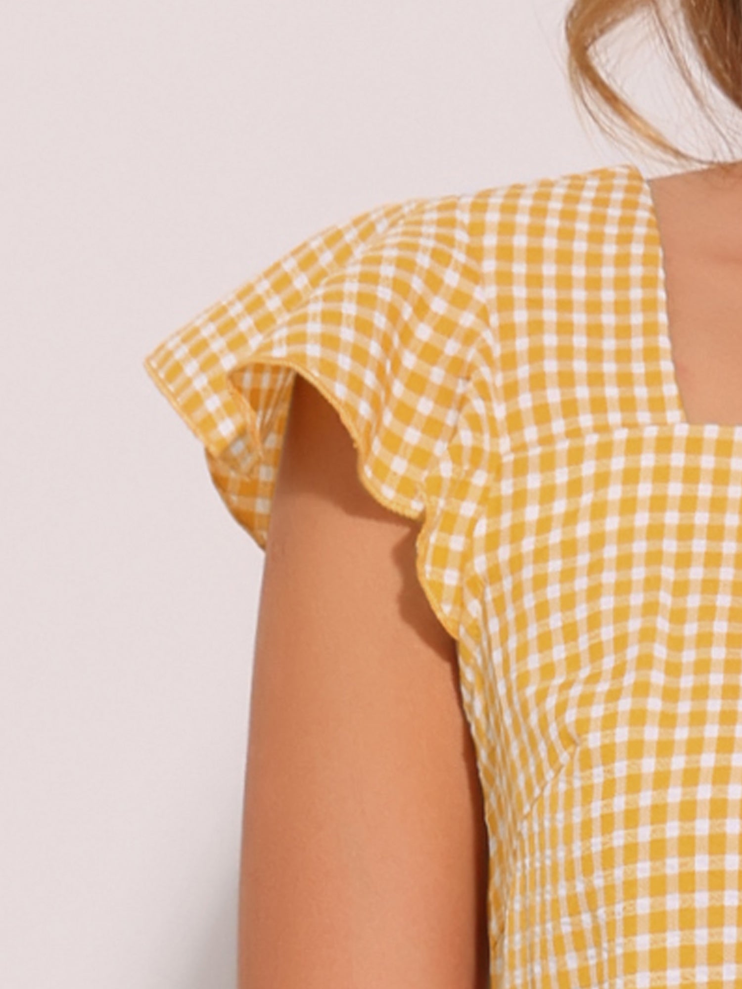 Summer Gingham Tops Square Neck Ruffle Cap Sleeve Blouse