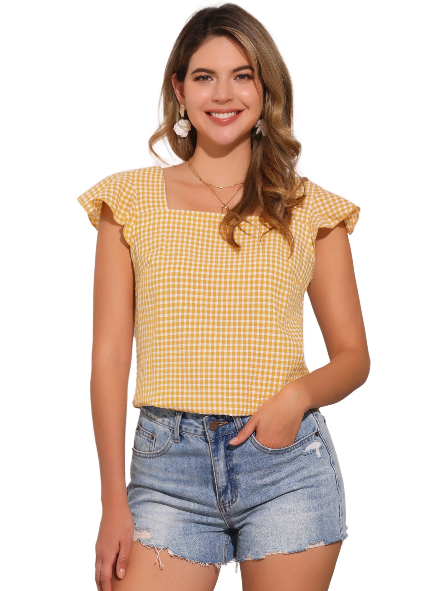 Summer Gingham Tops Square Neck Ruffle Cap Sleeve Blouse