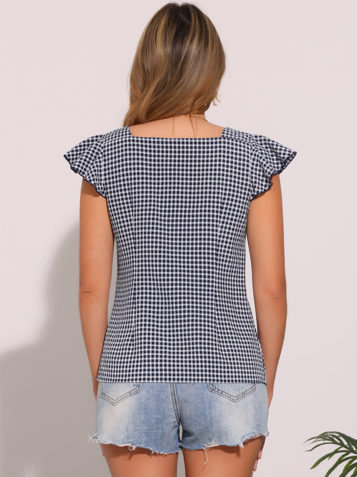 Summer Gingham Tops Square Neck Ruffle Cap Sleeve Blouse