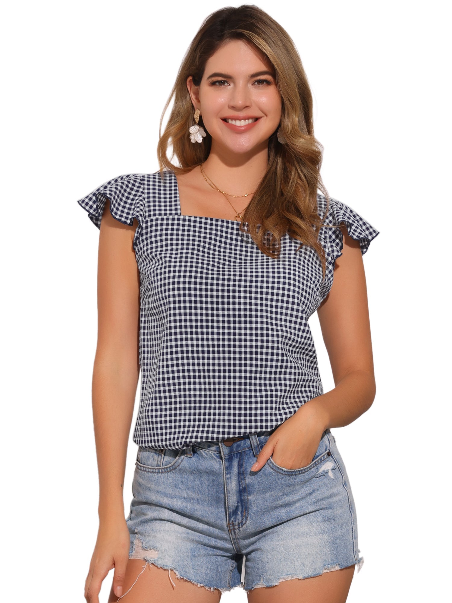 Summer Gingham Tops Square Neck Ruffle Cap Sleeve Blouse