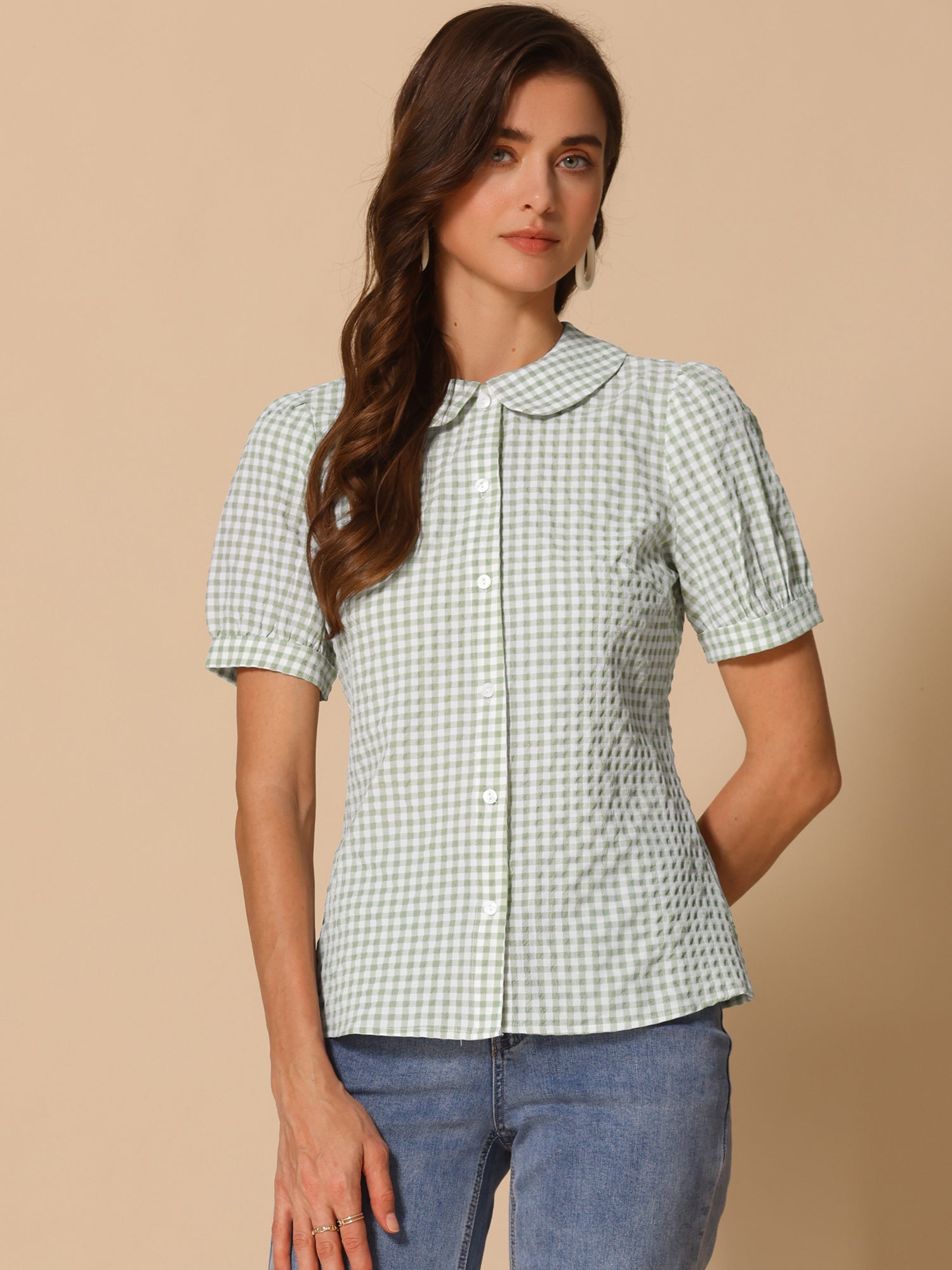 Plaid Puff Short Sleeve Gingham Peter Pan Collar Button Down Shirt