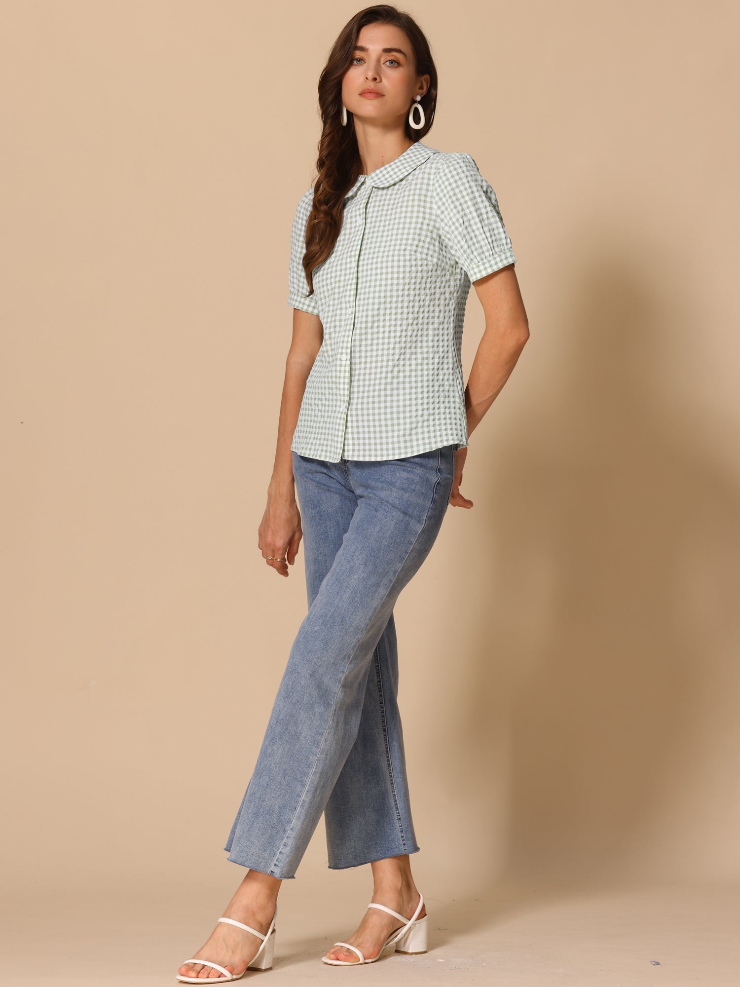 Plaid Puff Short Sleeve Gingham Peter Pan Collar Button Down Shirt