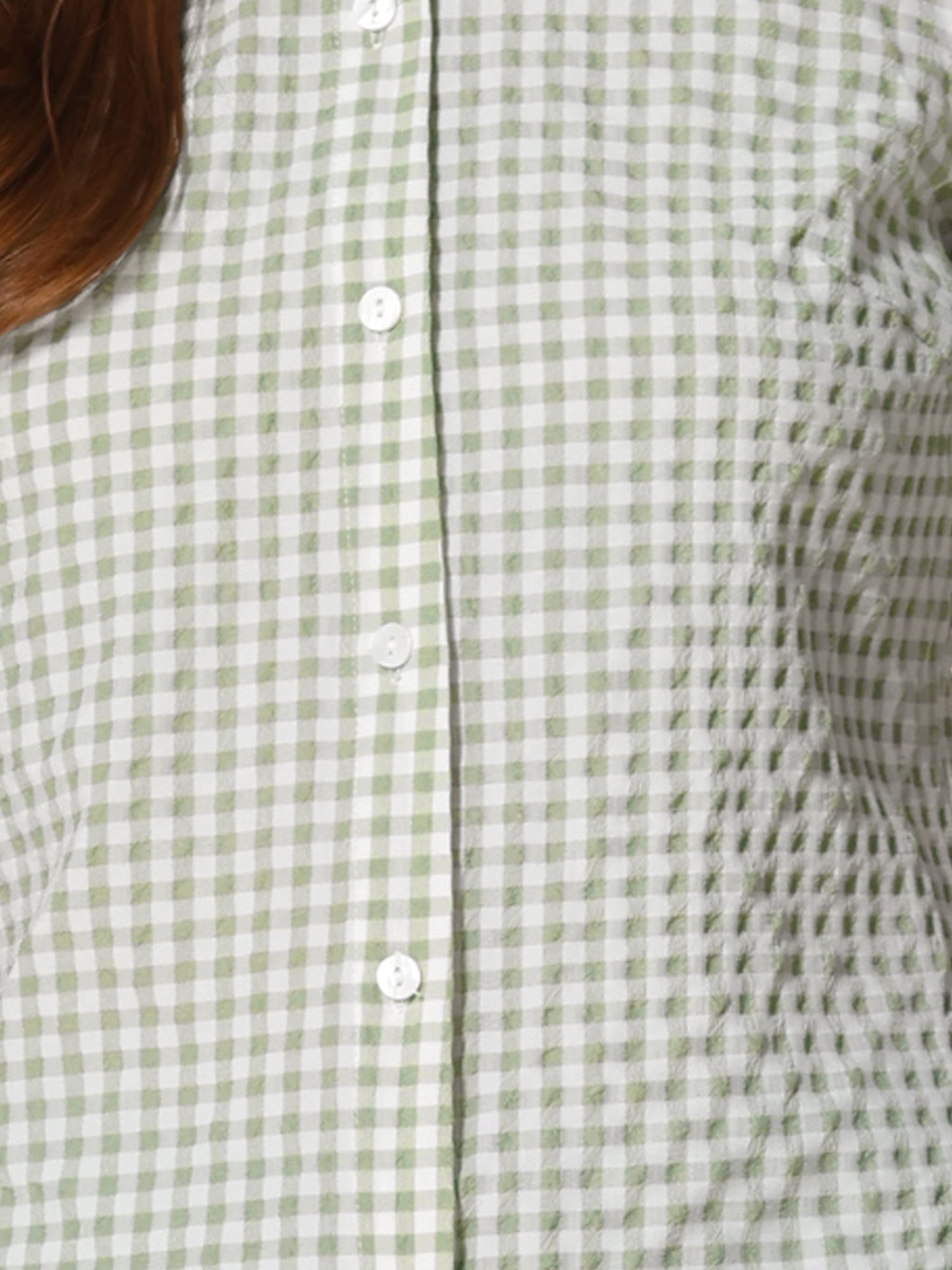 Plaid Puff Short Sleeve Gingham Peter Pan Collar Button Down Shirt
