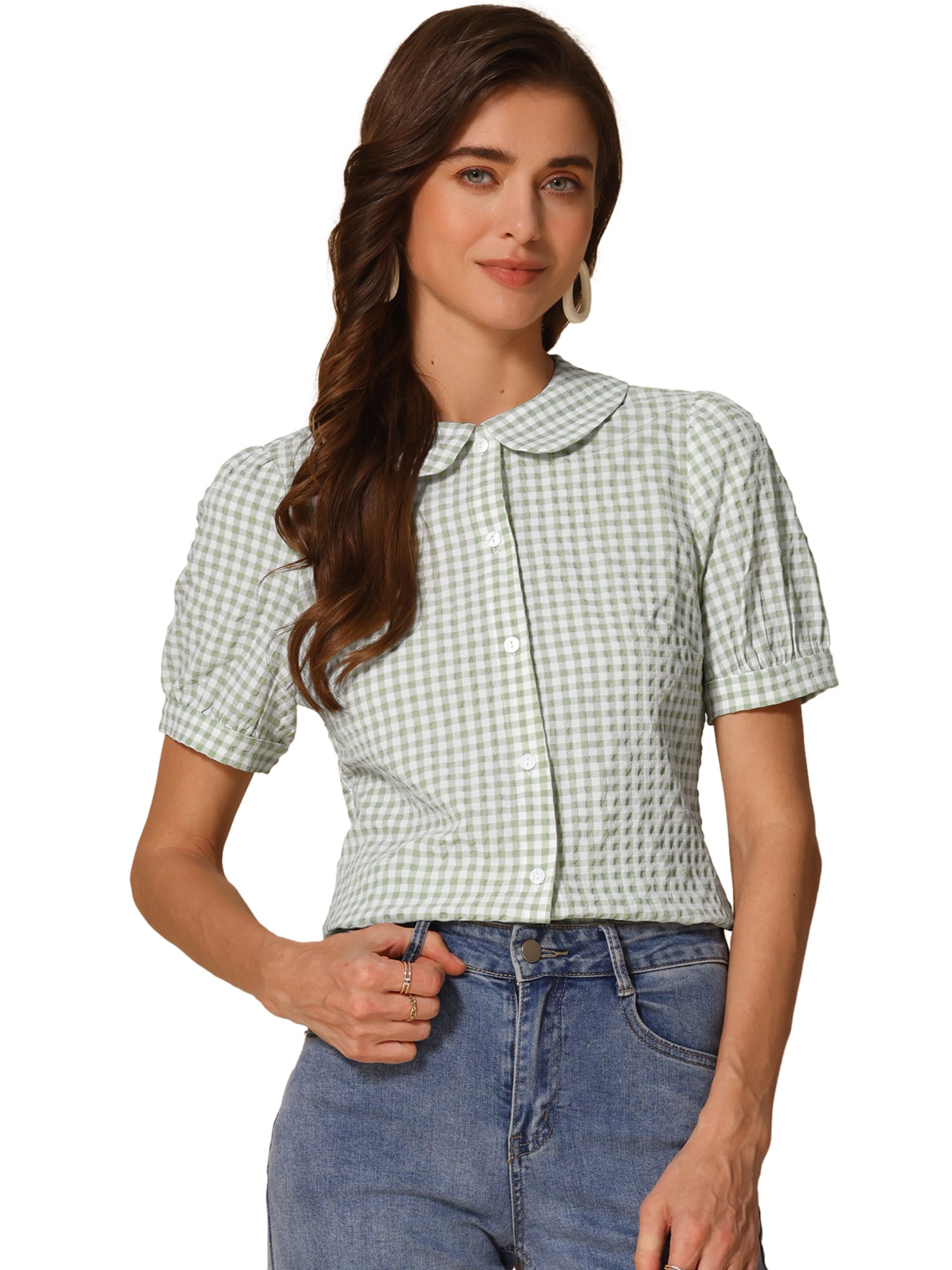Plaid Puff Short Sleeve Gingham Peter Pan Collar Button Down Shirt