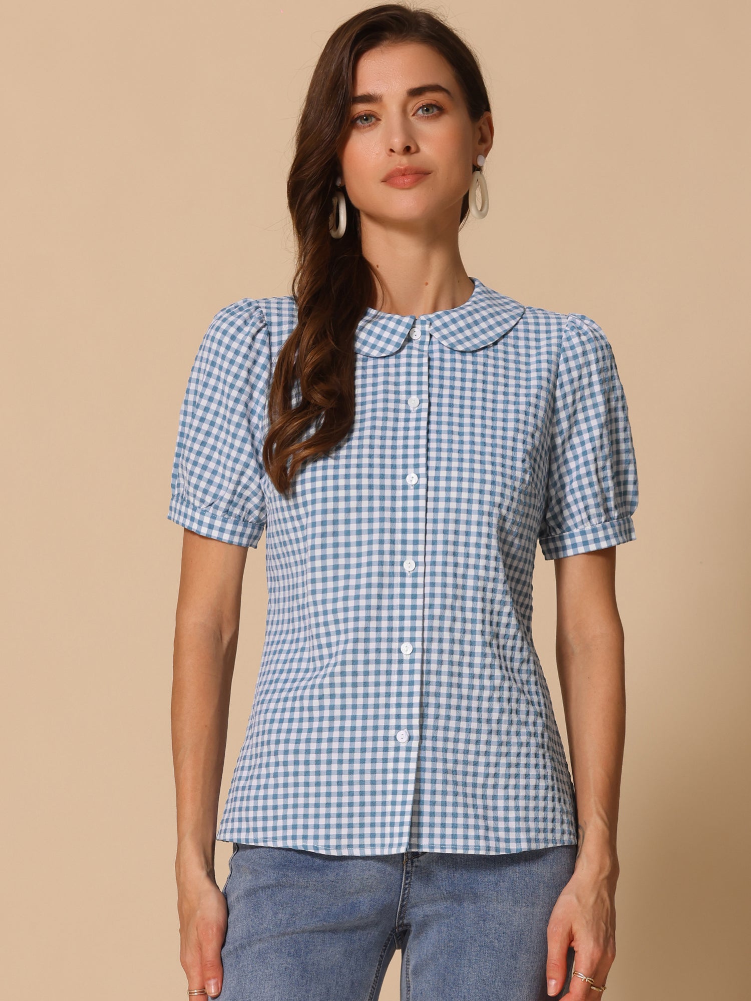 Plaid Puff Short Sleeve Gingham Peter Pan Collar Button Down Shirt