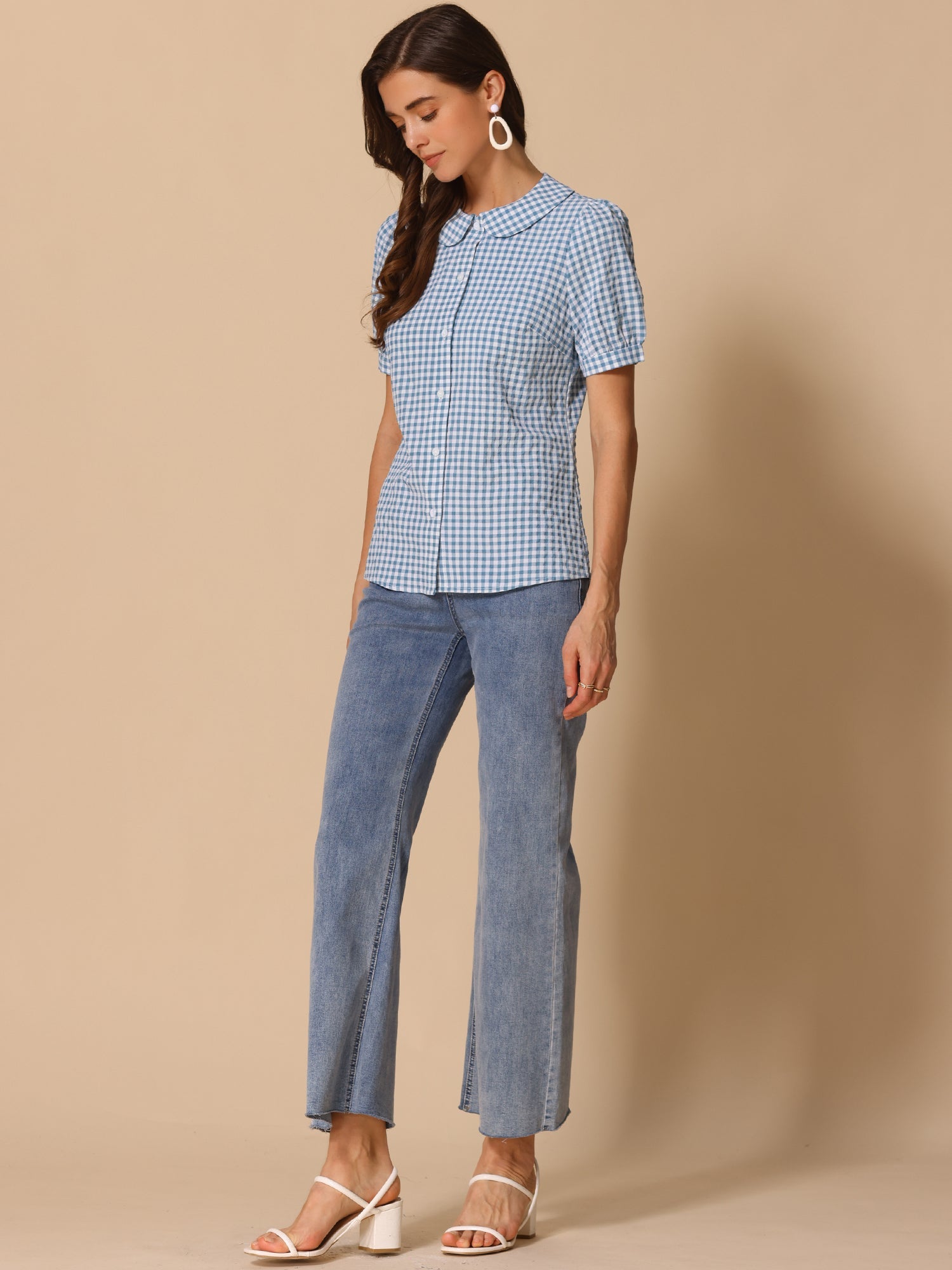 Plaid Puff Short Sleeve Gingham Peter Pan Collar Button Down Shirt