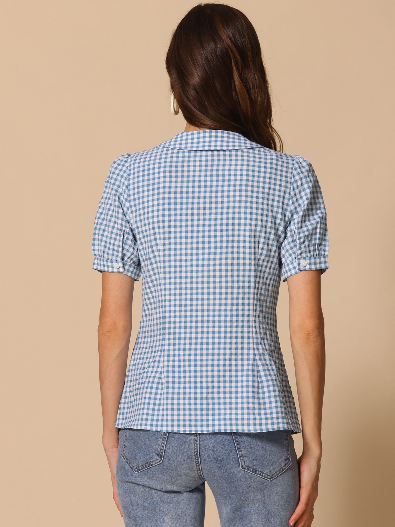 Plaid Puff Short Sleeve Gingham Peter Pan Collar Button Down Shirt
