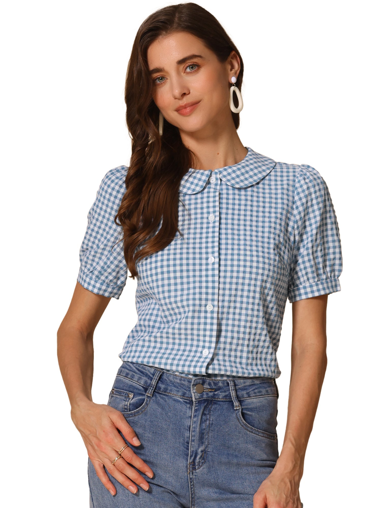 Plaid Puff Short Sleeve Gingham Peter Pan Collar Button Down Shirt