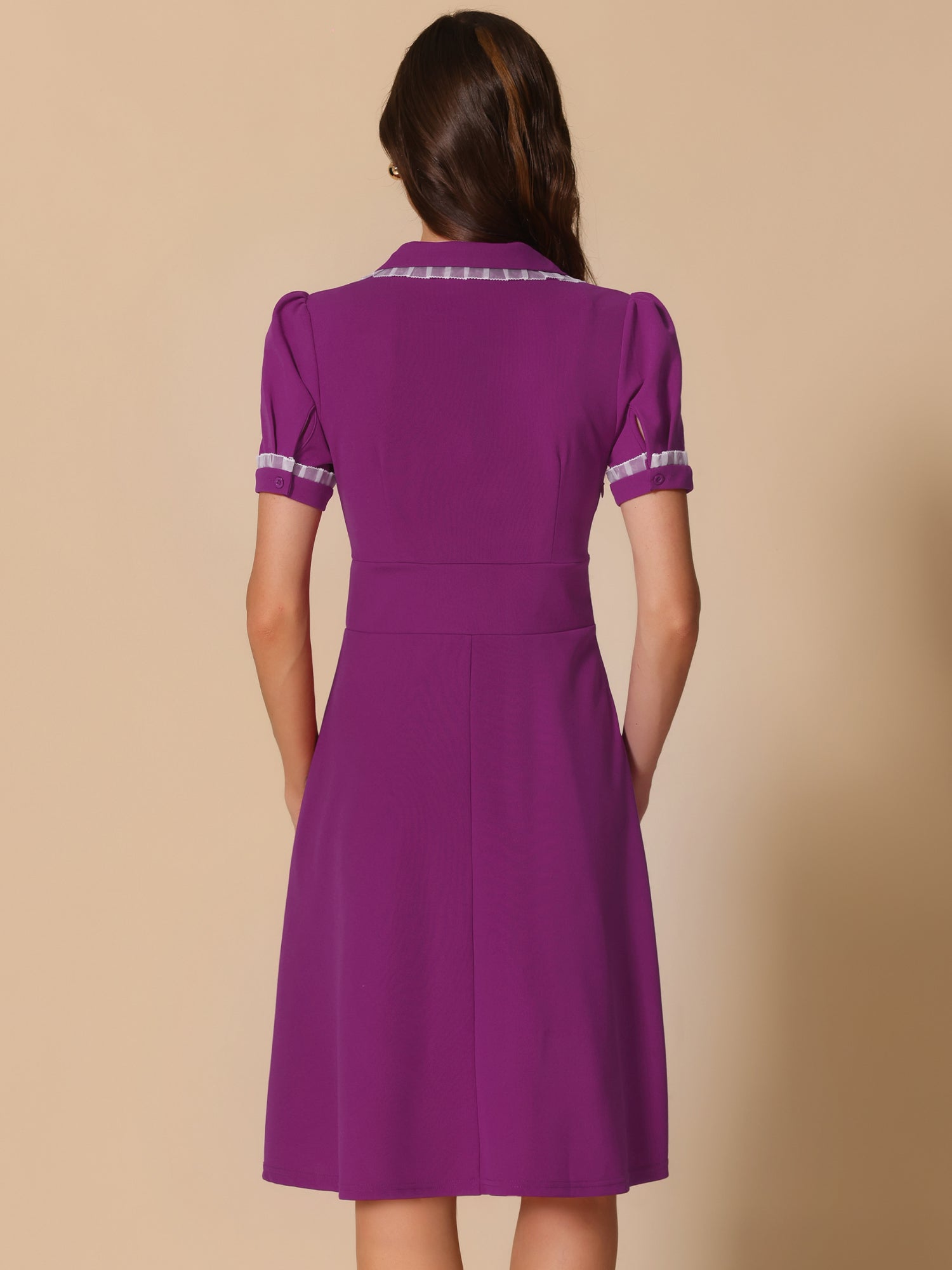 Work Lace Notched Collar Vintage 1950s Short Sleeve Midi Shirt Dress