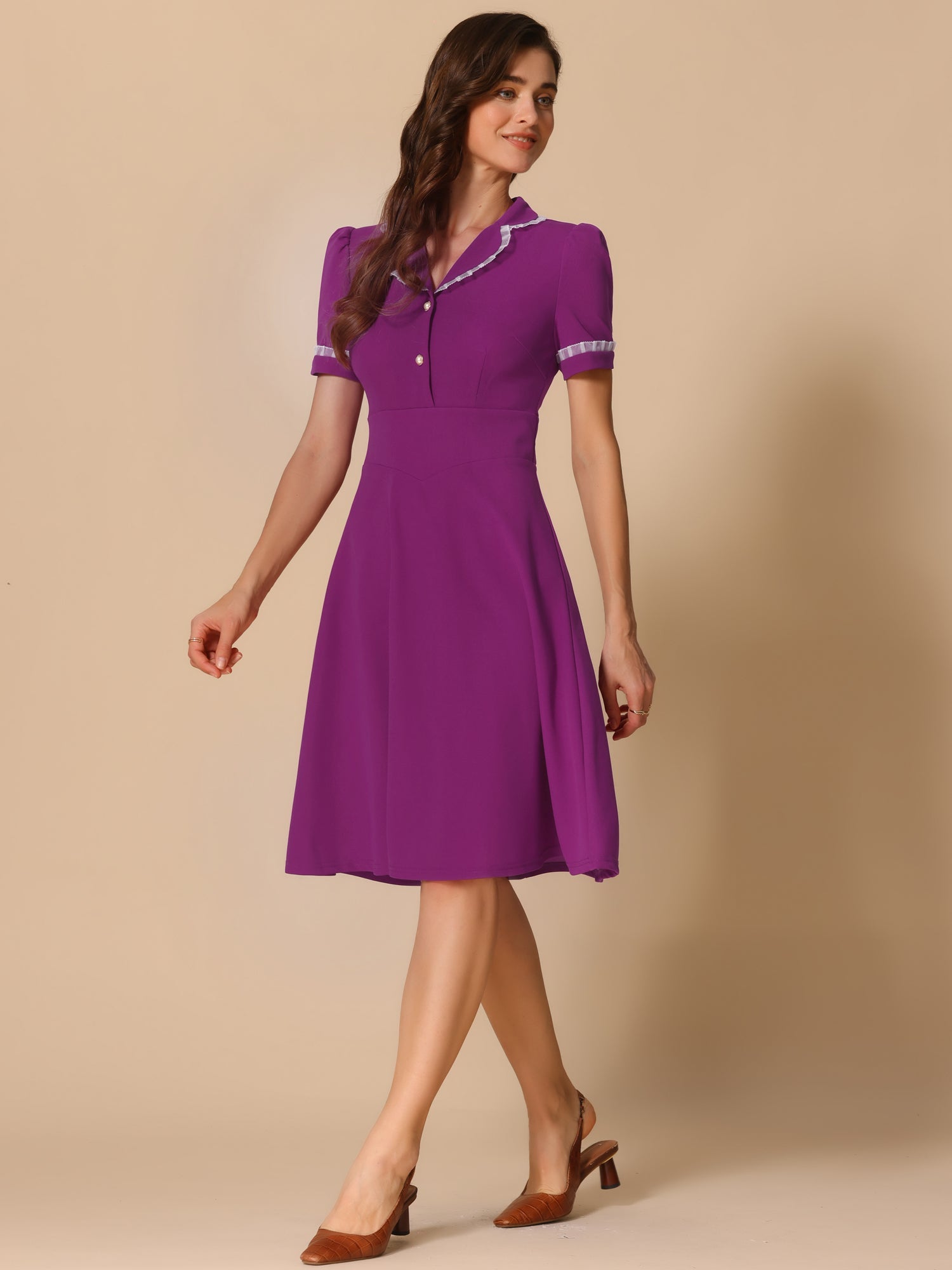 Work Lace Notched Collar Vintage 1950s Short Sleeve Midi Shirt Dress