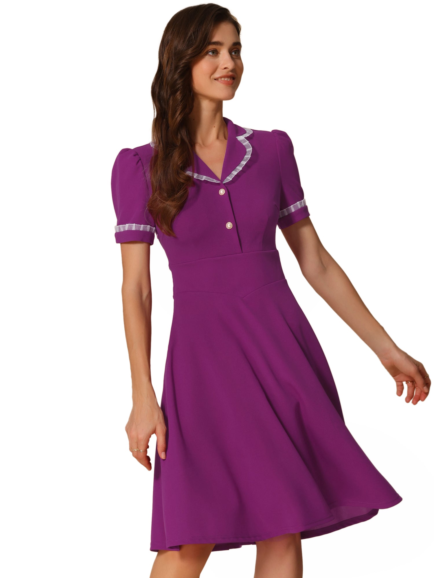 Work Lace Notched Collar Vintage 1950s Short Sleeve Midi Shirt Dress