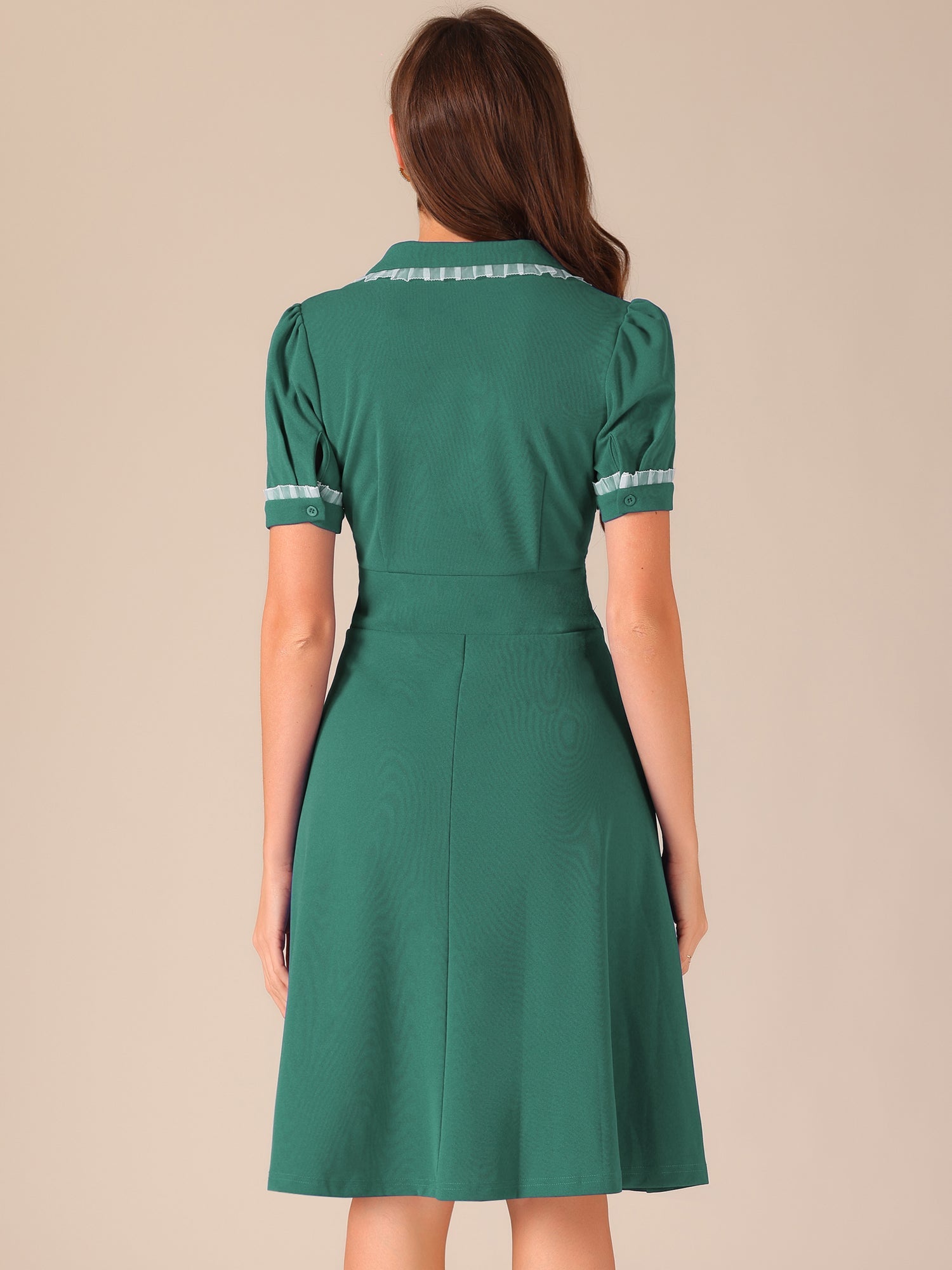 Work Lace Notched Collar Vintage 1950s Short Sleeve Midi Shirt Dress