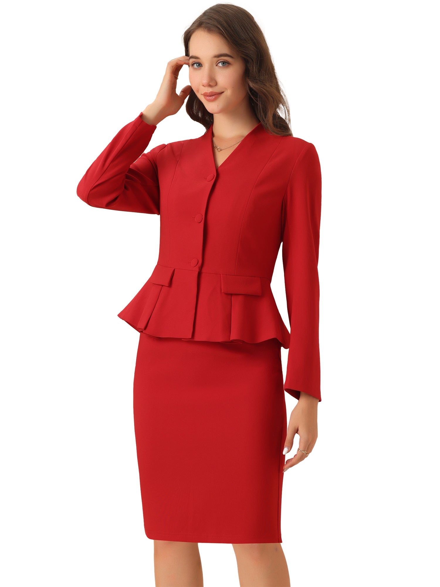 2 Piece Long Sleeve Collarless Peplum Blazer and Pencil Skirt Work Suit Set