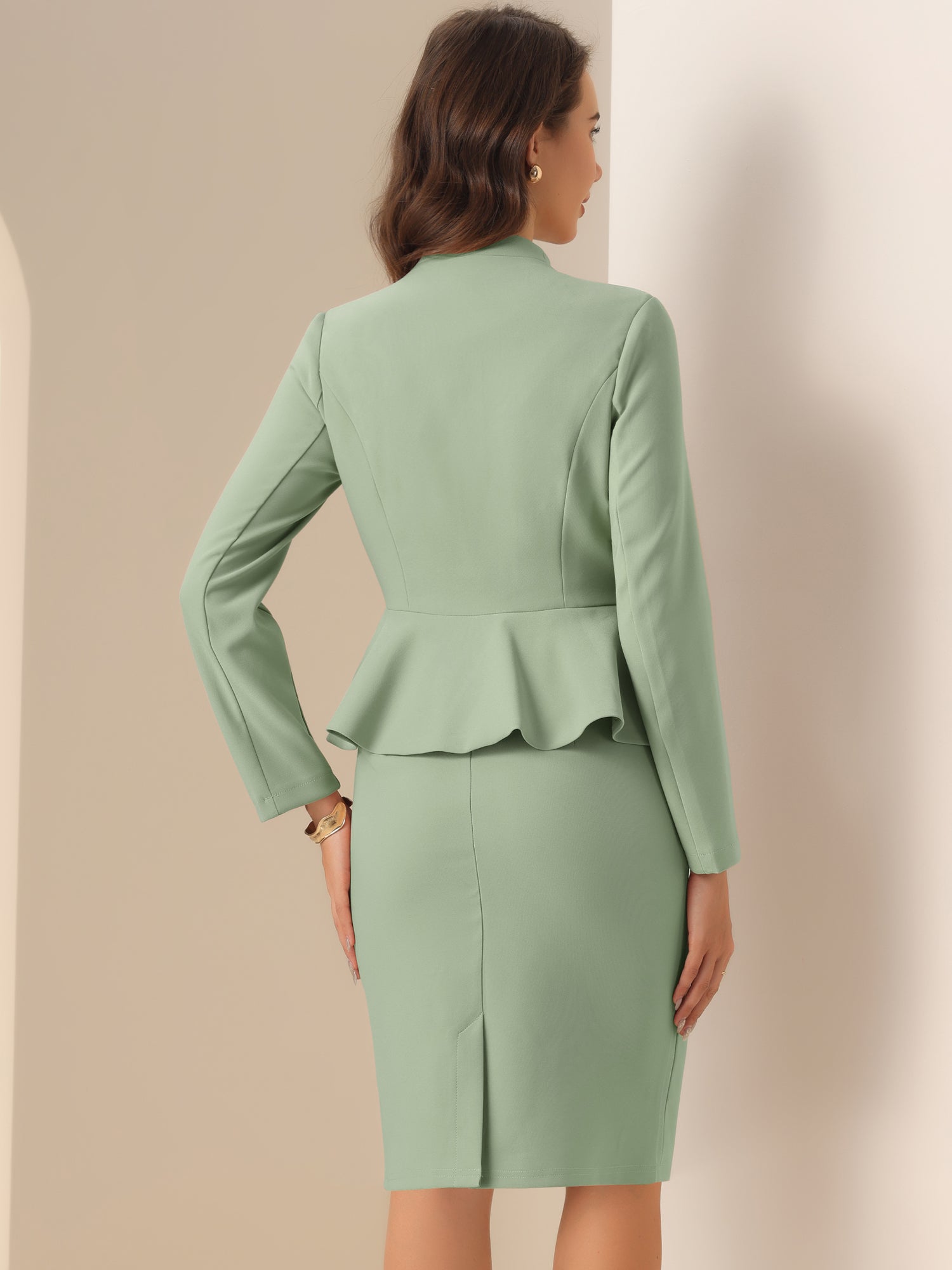 2 Piece Long Sleeve Collarless Peplum Blazer and Pencil Skirt Work Suit Set