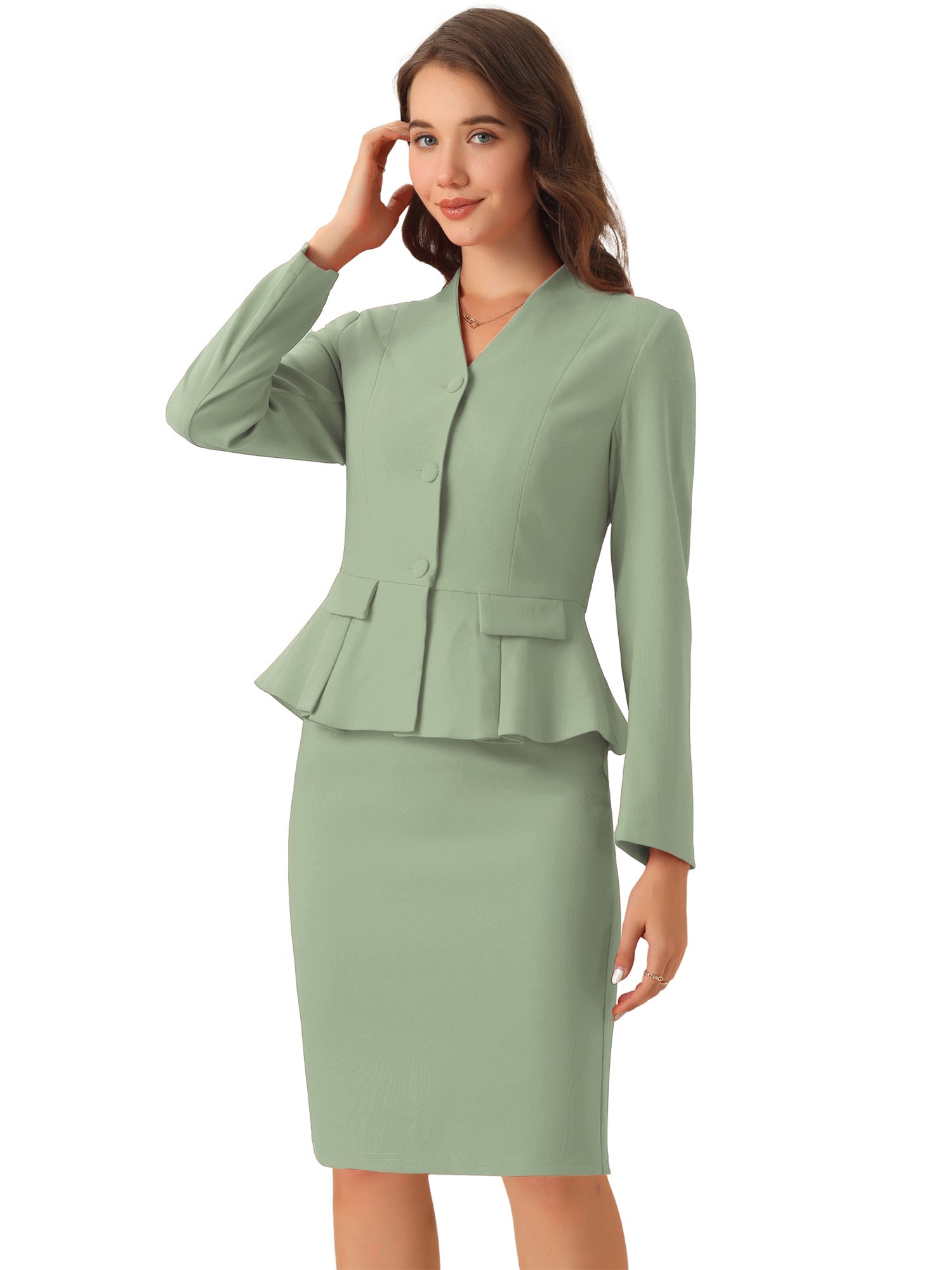 2 Piece Long Sleeve Collarless Peplum Blazer and Pencil Skirt Work Suit Set