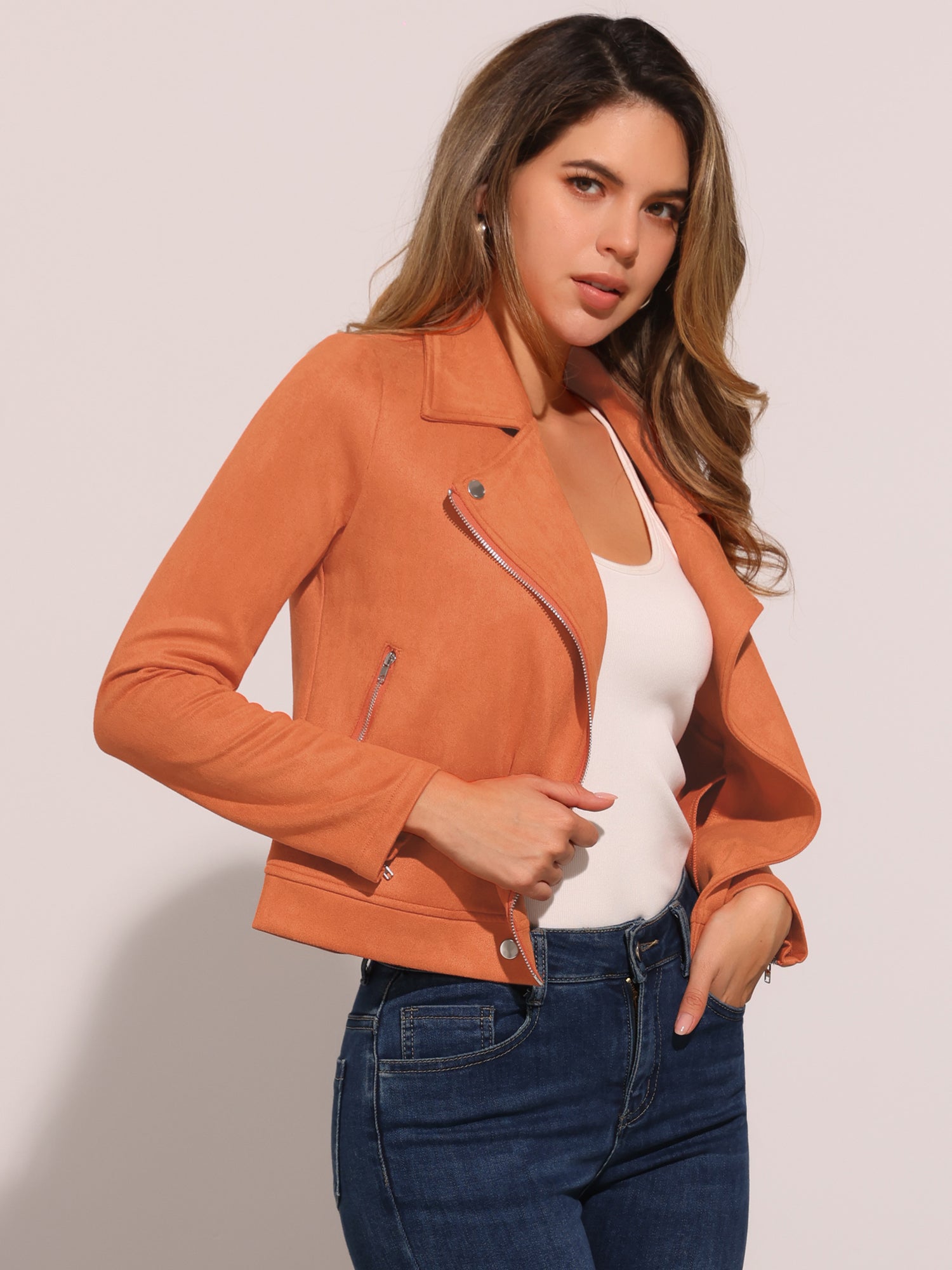 Casual Short Soft Zip Up Faux Suede Biker Moto Jacket
