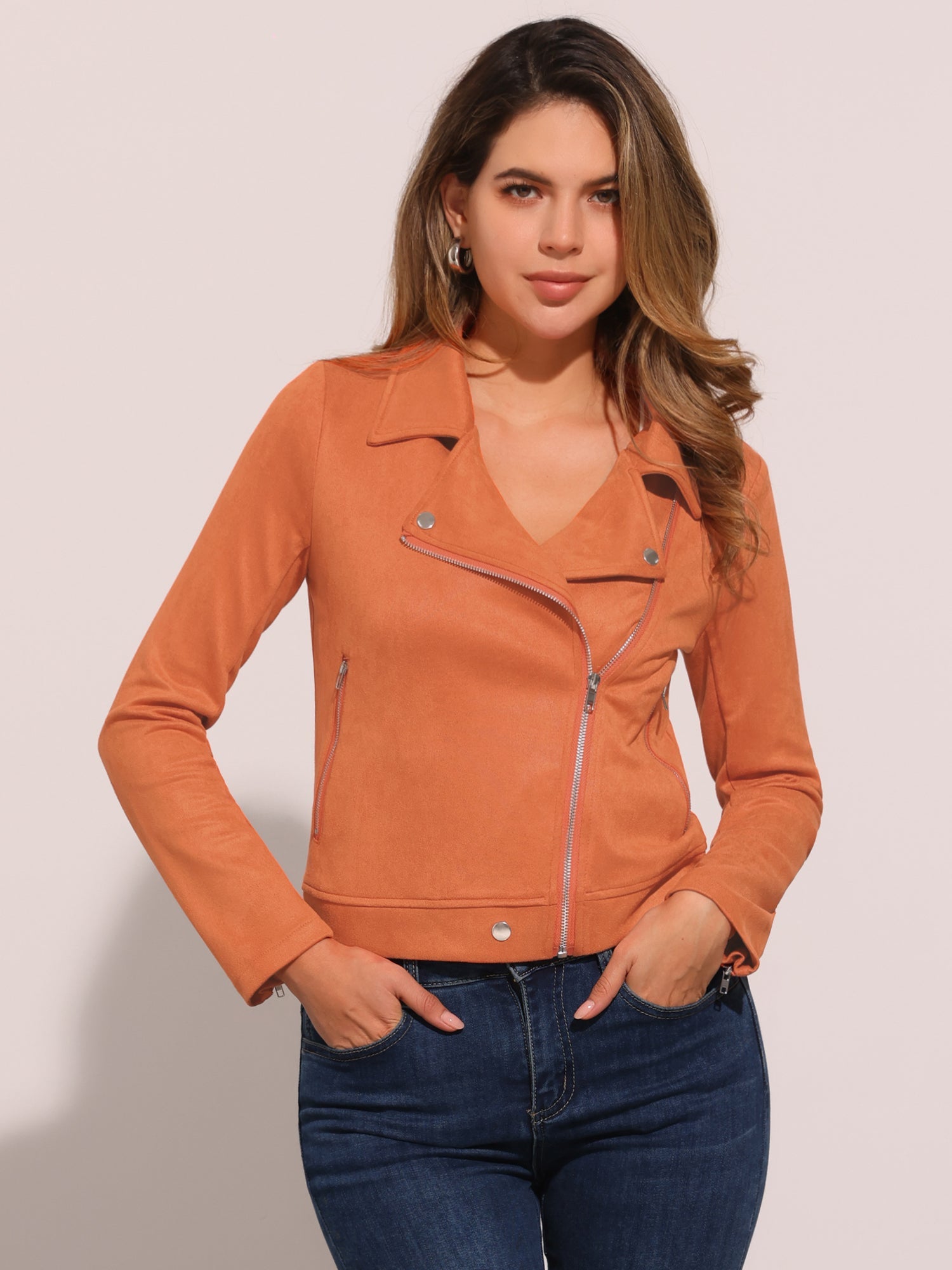 Casual Short Soft Zip Up Faux Suede Biker Moto Jacket