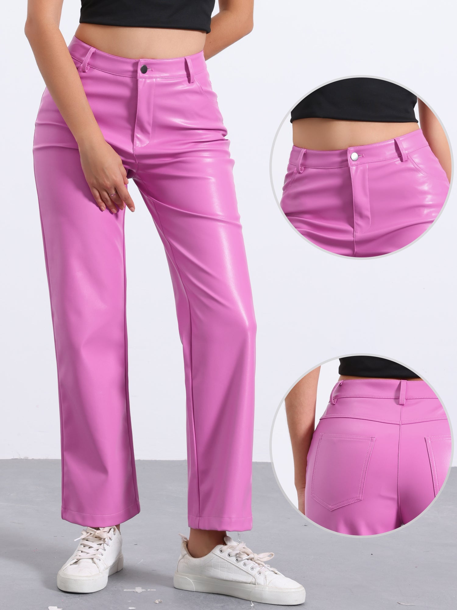 Faux Leather Pants High Waist Straight Leg Casual PU Punk Trousers
