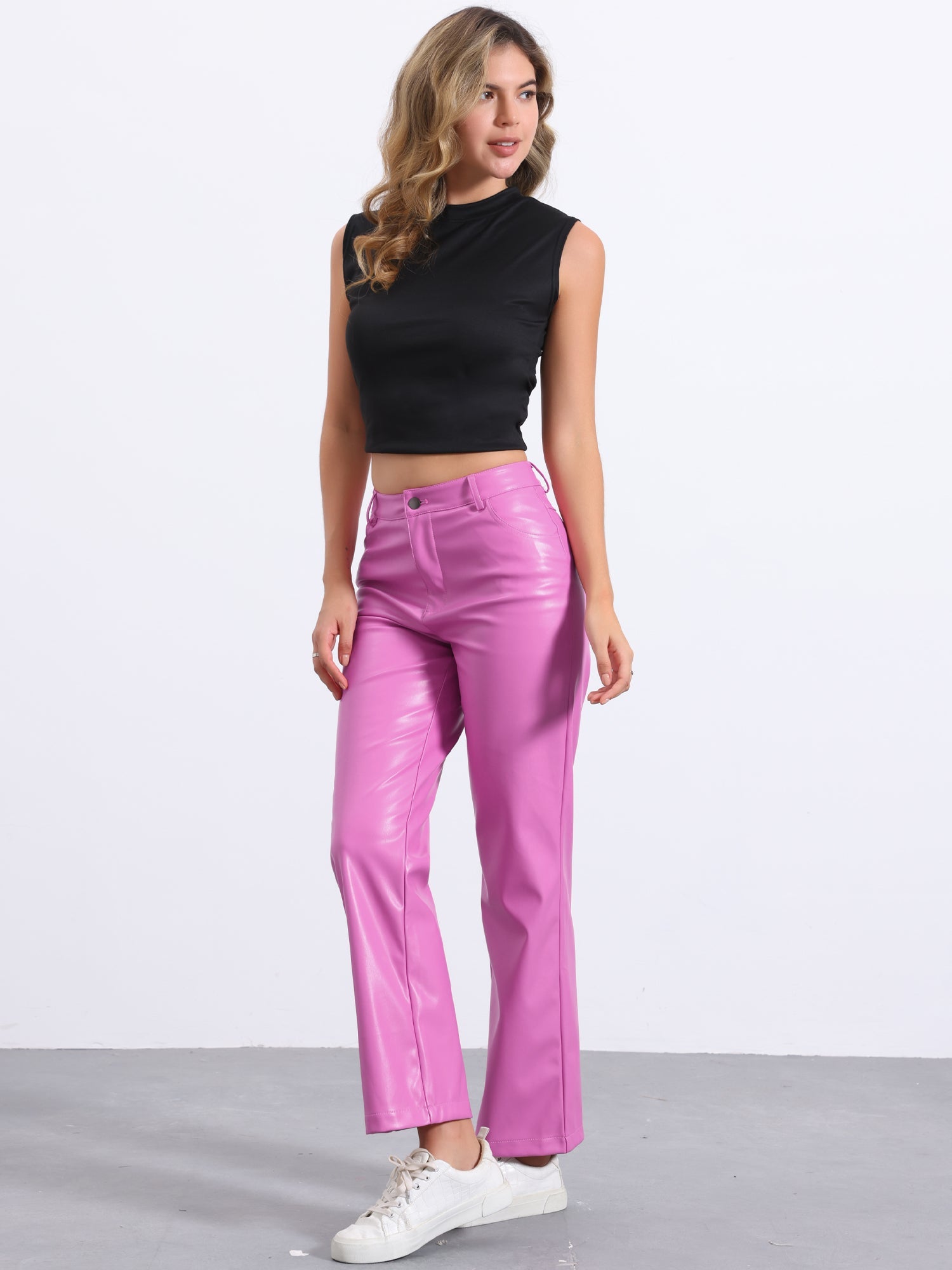 Faux Leather Pants High Waist Straight Leg Casual PU Punk Trousers