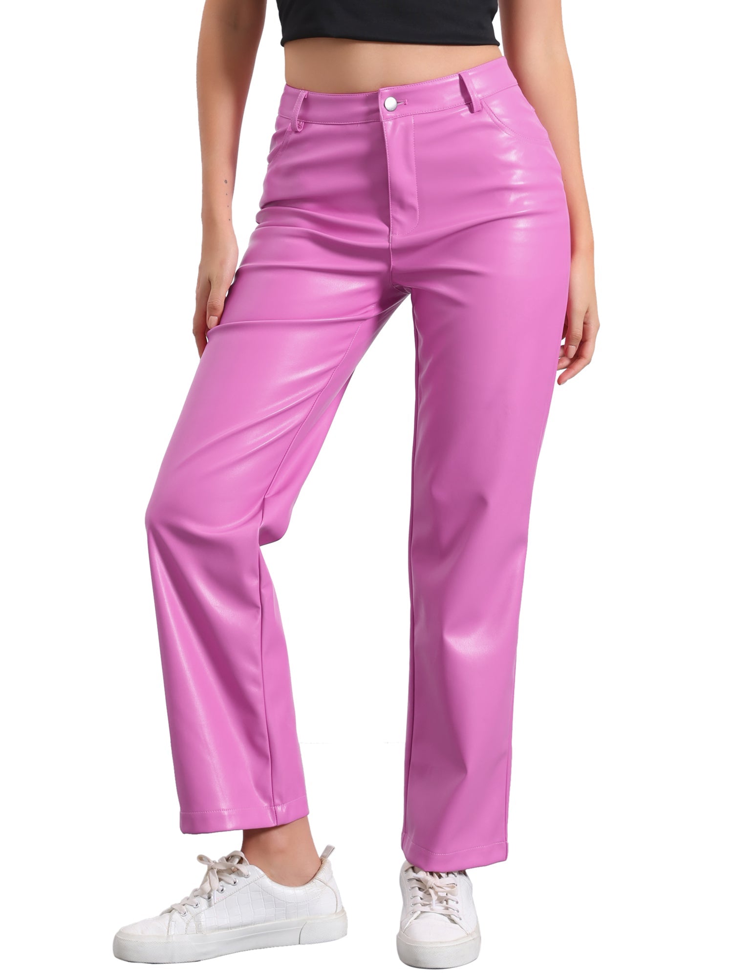 Faux Leather Pants High Waist Straight Leg Casual PU Punk Trousers