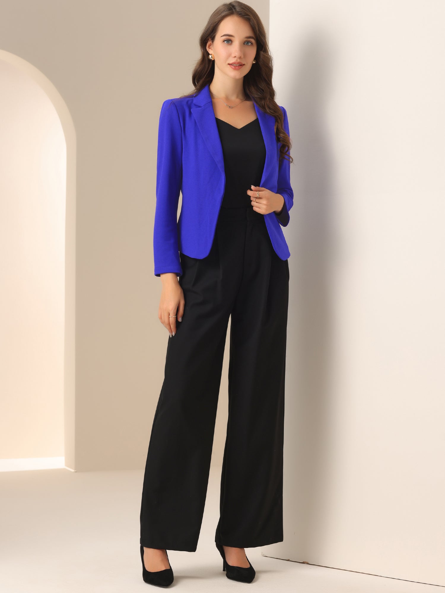 Business Blazer Open Front Office Casual Work Crop Suit Jacket