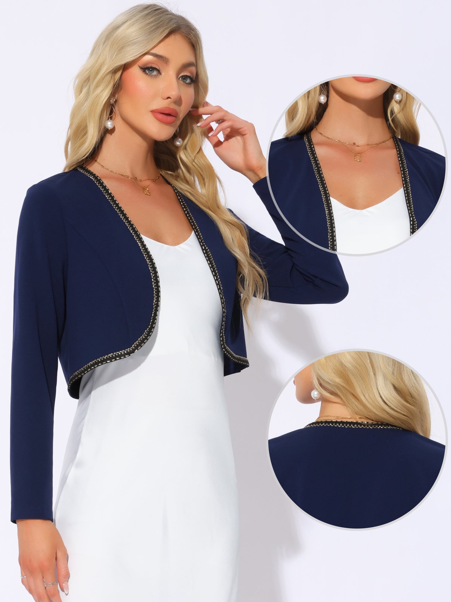 Long Sleeve Contrast Trim Cropped Jacket Bolero Shrug