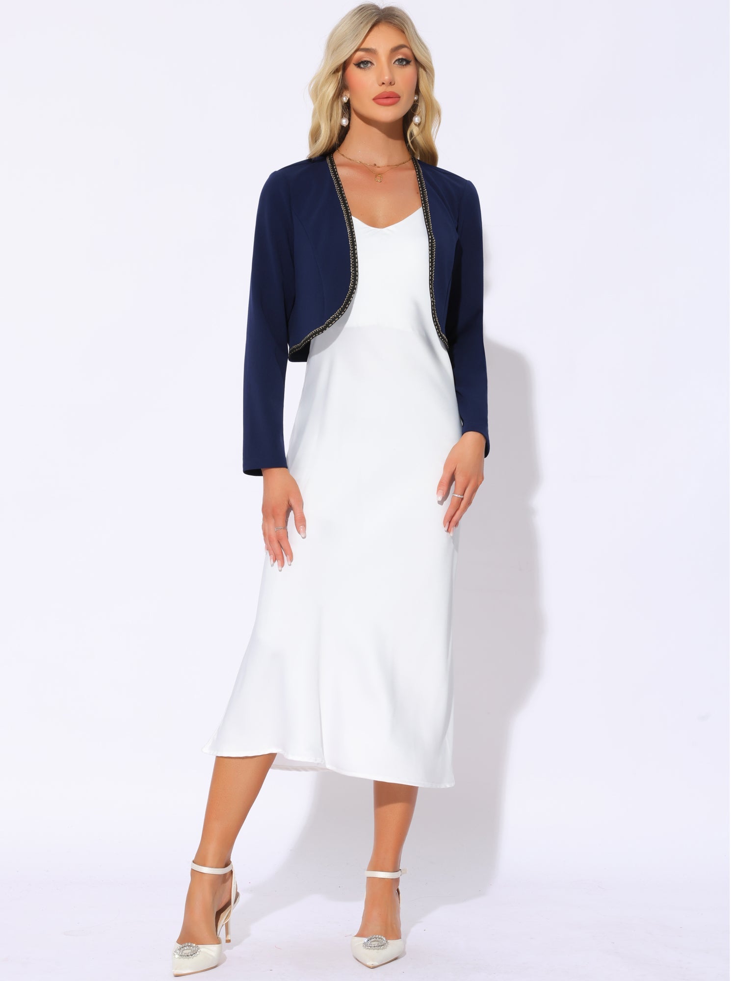 Long Sleeve Contrast Trim Cropped Jacket Bolero Shrug