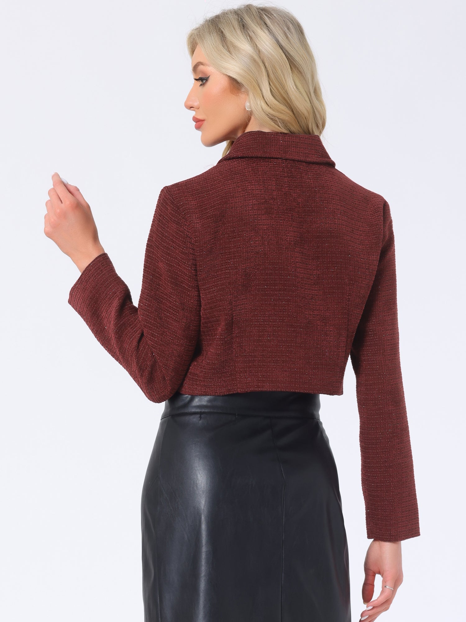 Tweed Collar Long Sleeve Button Down Cropped Jacket
