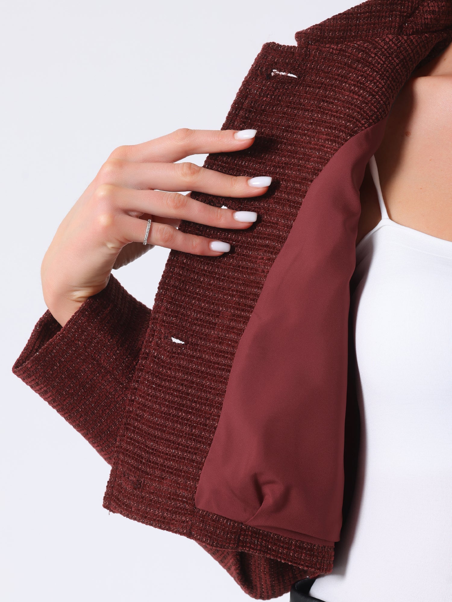 Tweed Collar Long Sleeve Button Down Cropped Jacket