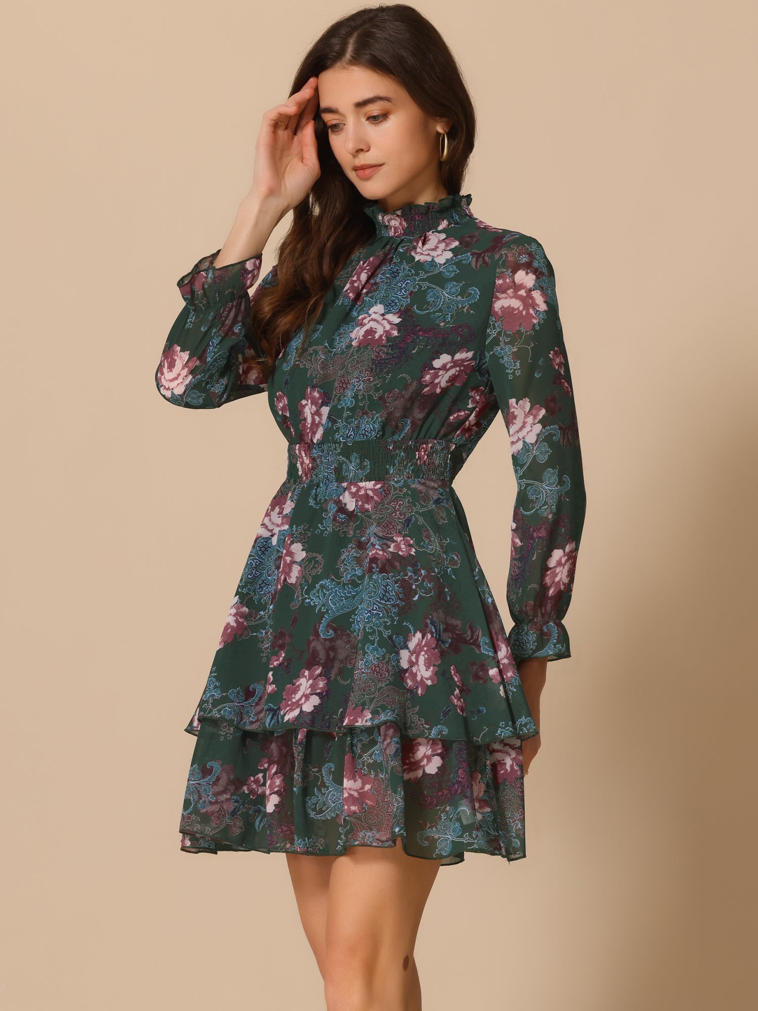 Floral Chiffon Long Sleeve Mock Neck Ruffle Layered Mini Dress