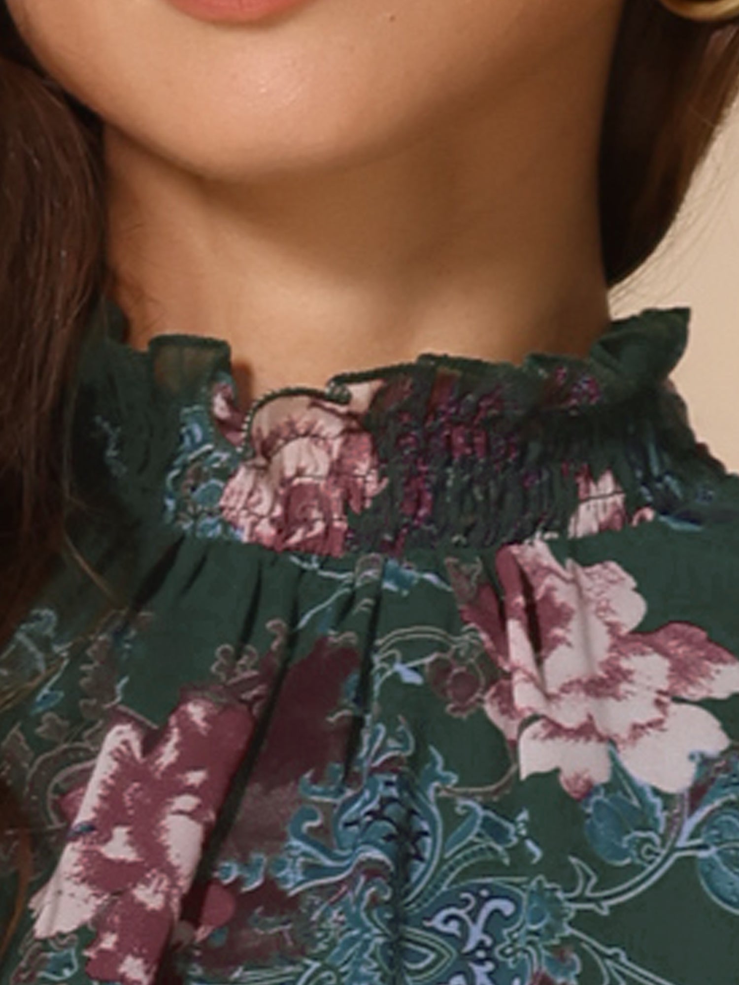 Floral Chiffon Long Sleeve Mock Neck Ruffle Layered Mini Dress
