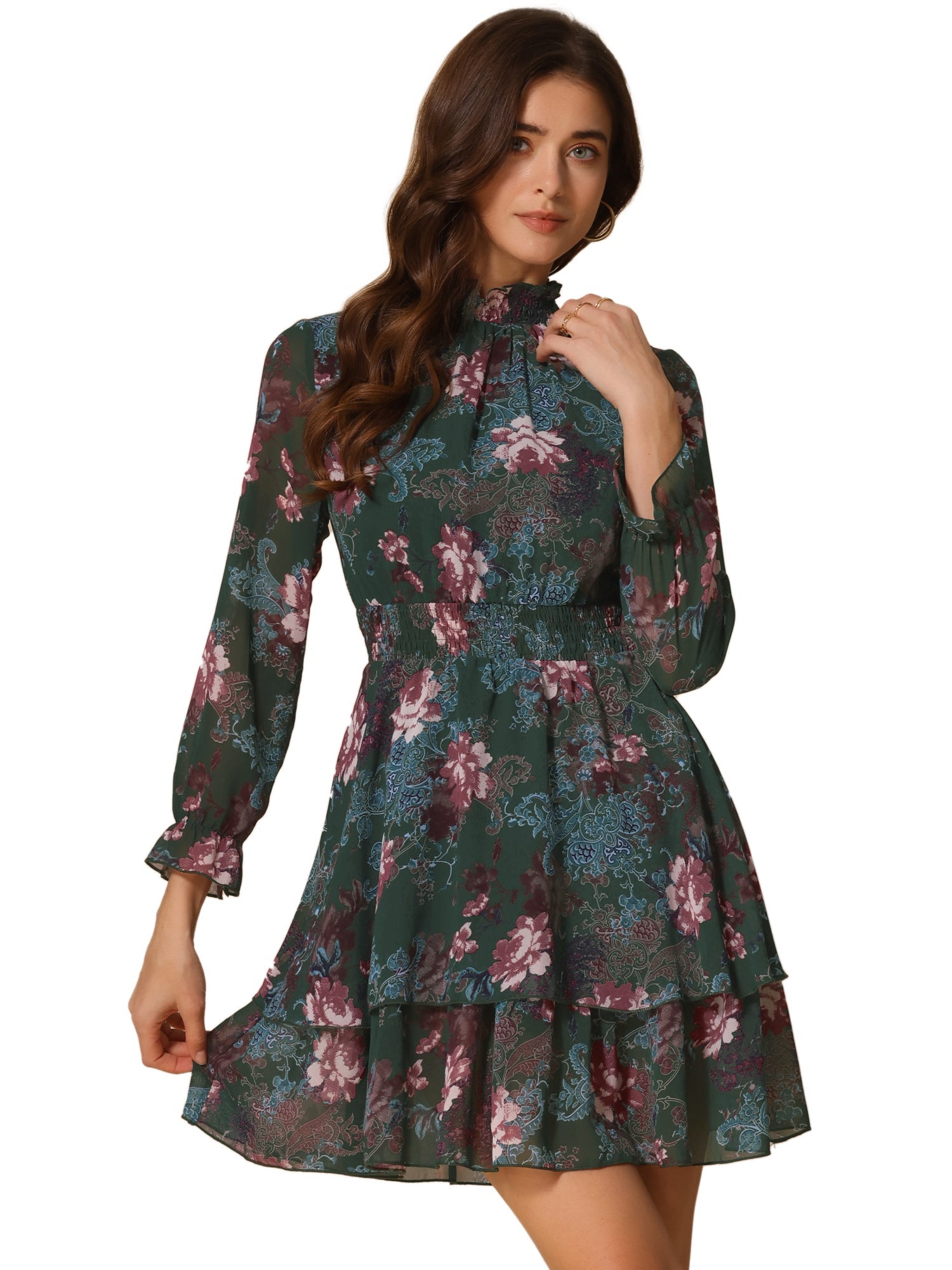 Floral Chiffon Long Sleeve Mock Neck Ruffle Layered Mini Dress
