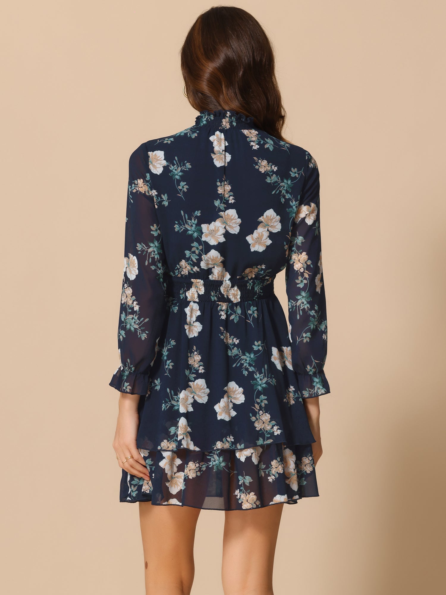Floral Chiffon Long Sleeve Mock Neck Ruffle Layered Mini Dress