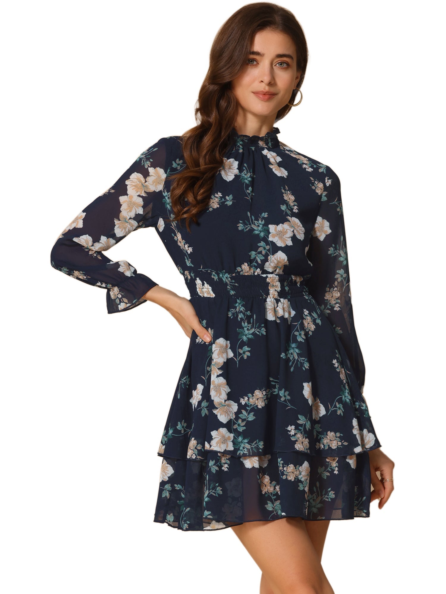Floral Chiffon Long Sleeve Mock Neck Ruffle Layered Mini Dress