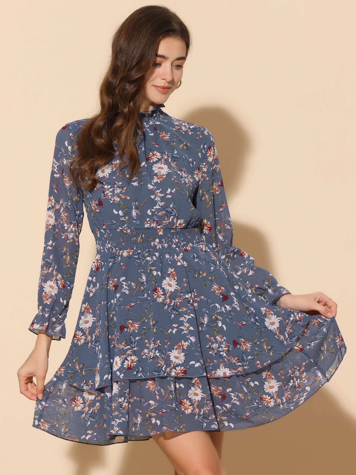 Floral Chiffon Long Sleeve Mock Neck Ruffle Layered Mini Dress