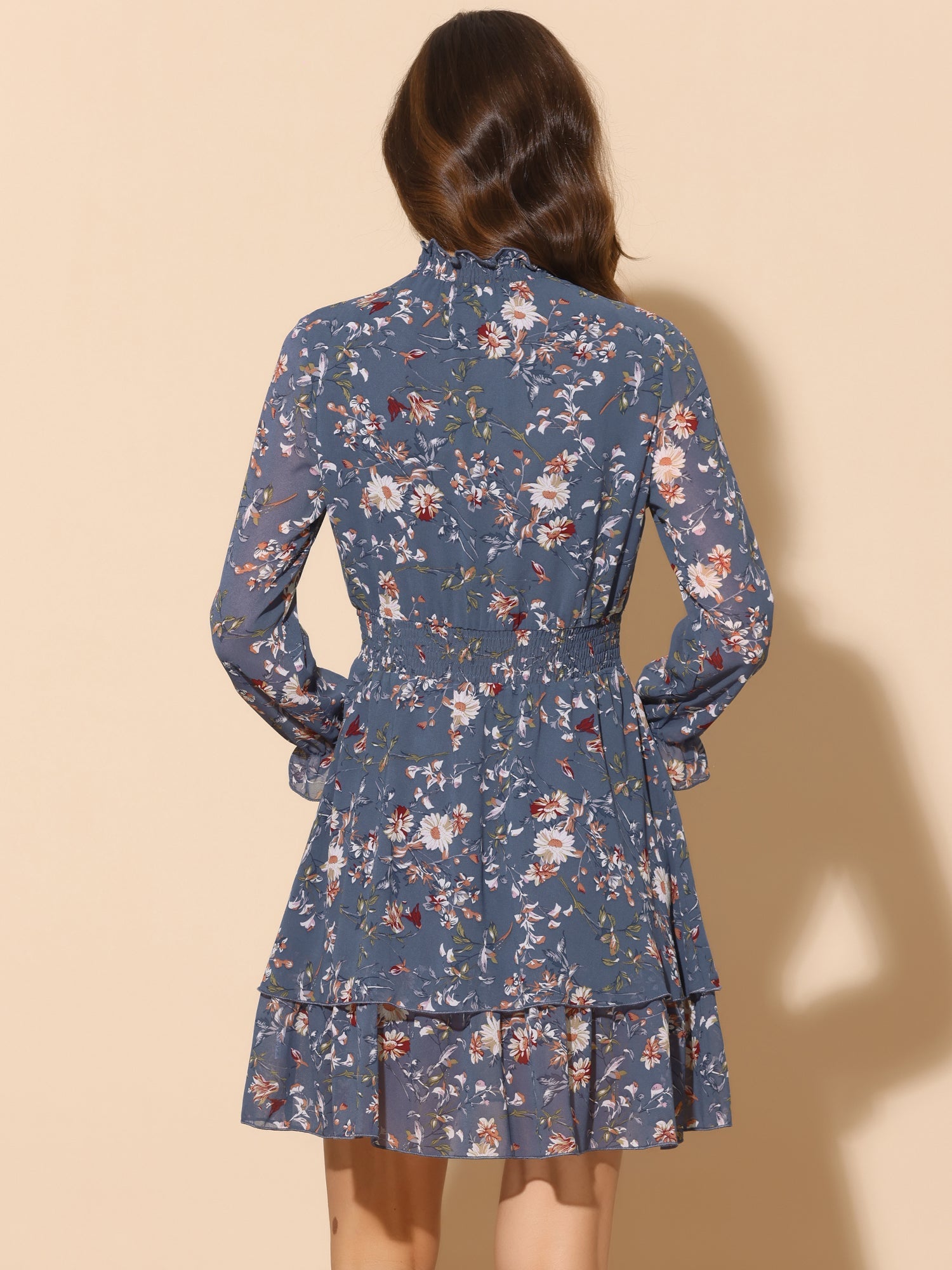 Floral Chiffon Long Sleeve Mock Neck Ruffle Layered Mini Dress