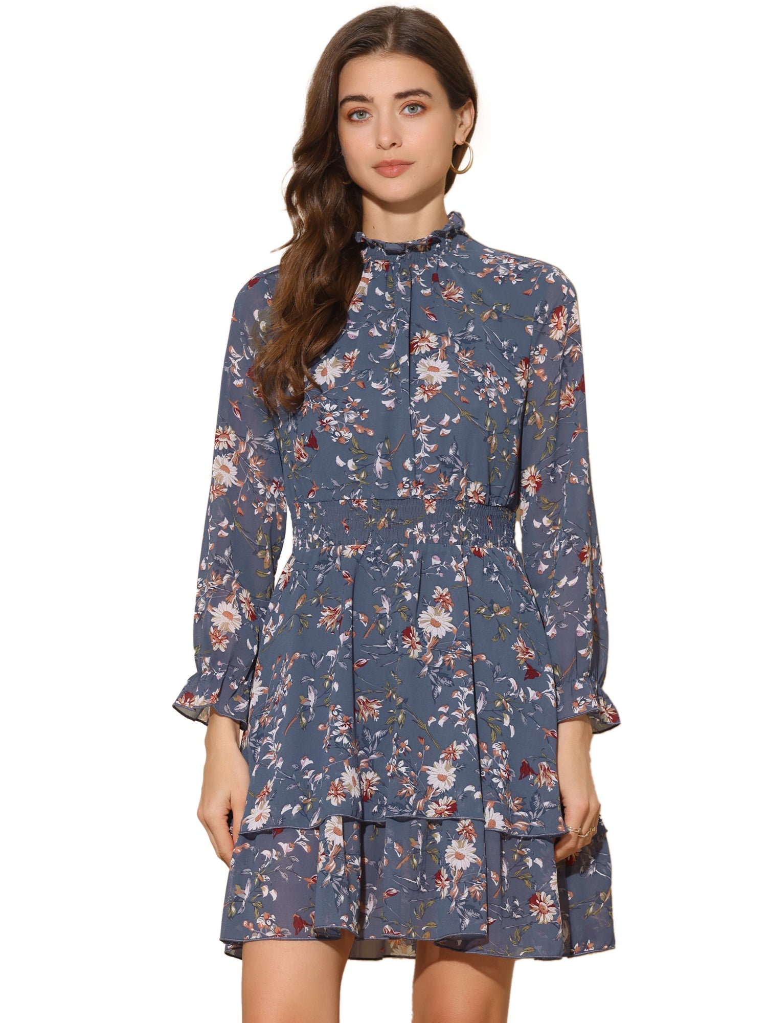 Floral Chiffon Long Sleeve Mock Neck Ruffle Layered Mini Dress