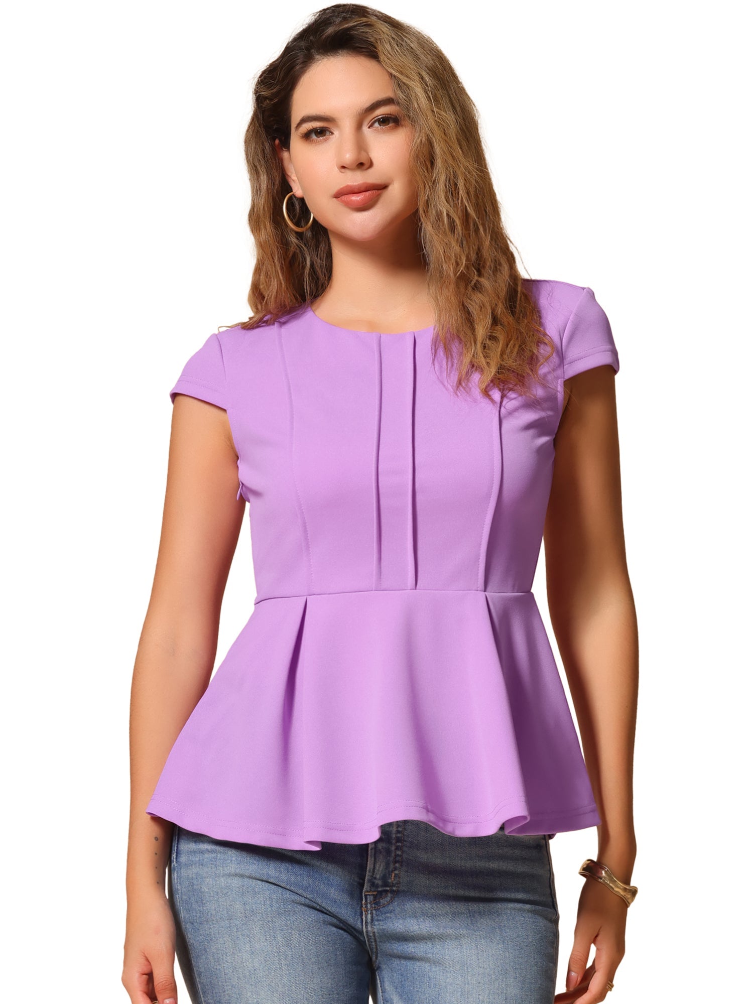 Elegant Round Neck Solid Color Cap Sleeve Peplum Blouse
