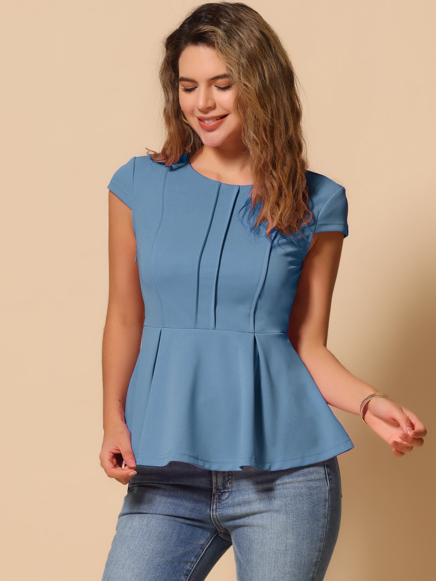 Elegant Round Neck Solid Color Cap Sleeve Peplum Blouse