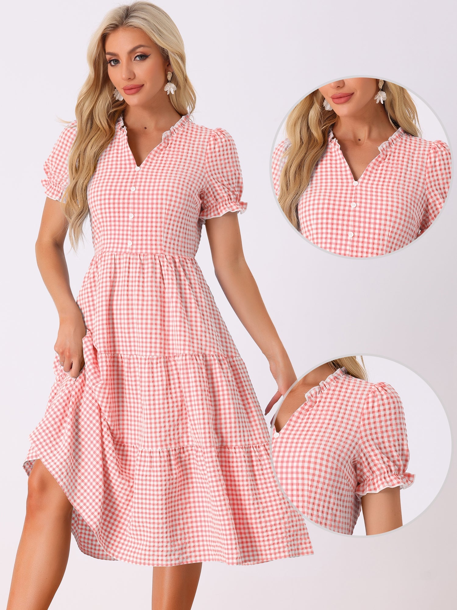 Ruffle Trim V Neck Button Decor Plaid Gingham Tiered Midi Dress