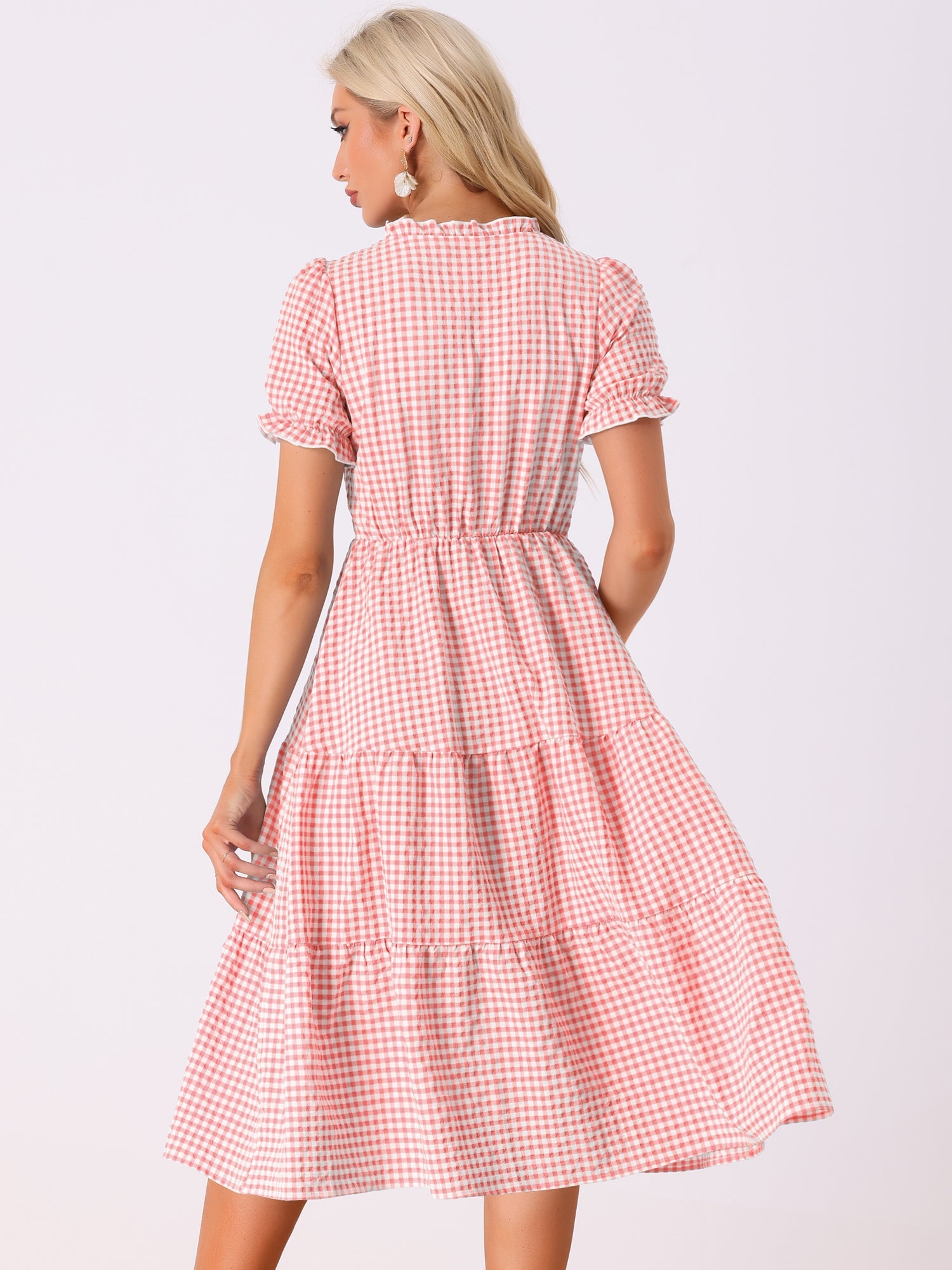 Ruffle Trim V Neck Button Decor Plaid Gingham Tiered Midi Dress