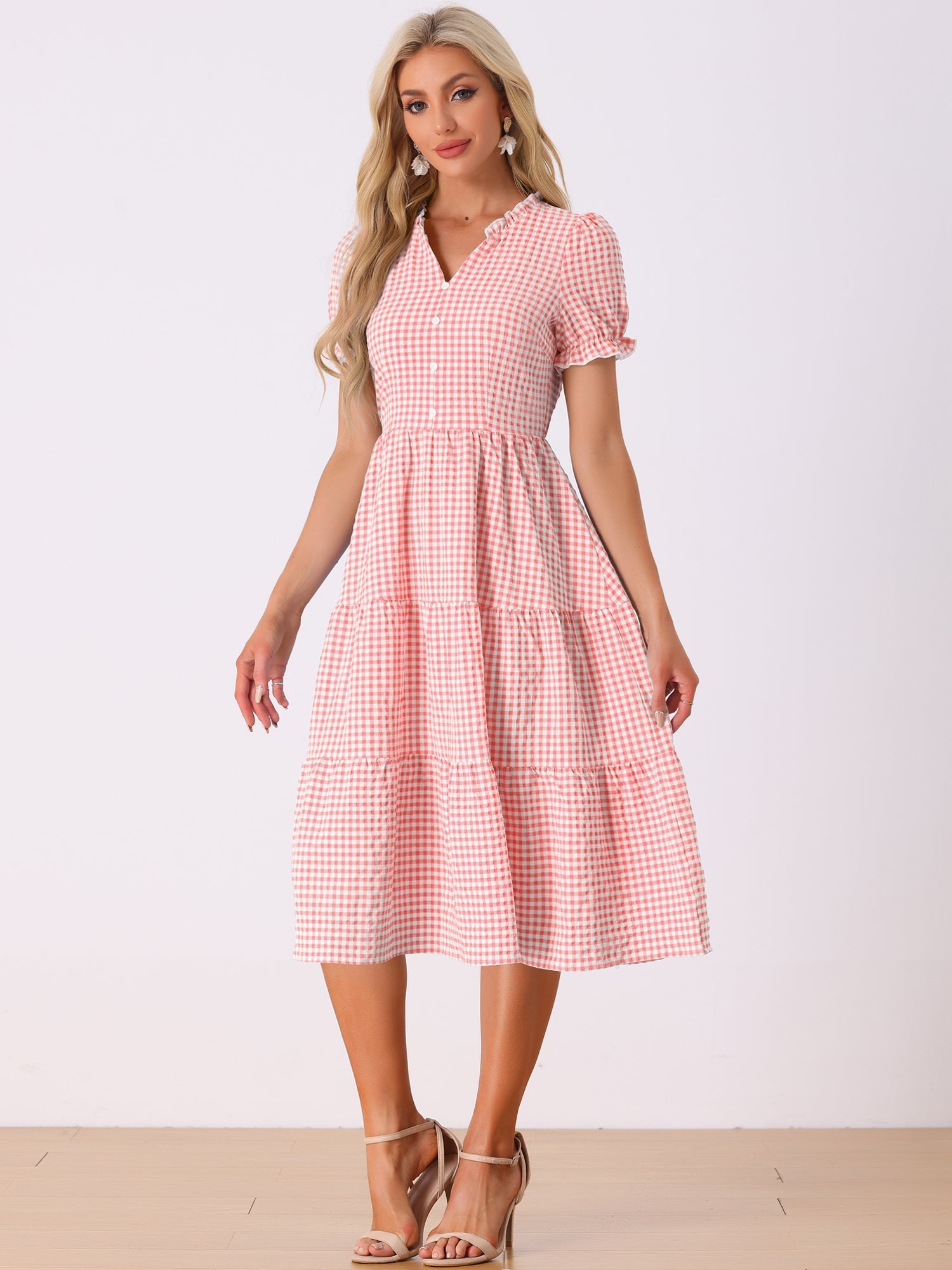 Ruffle Trim V Neck Button Decor Plaid Gingham Tiered Midi Dress