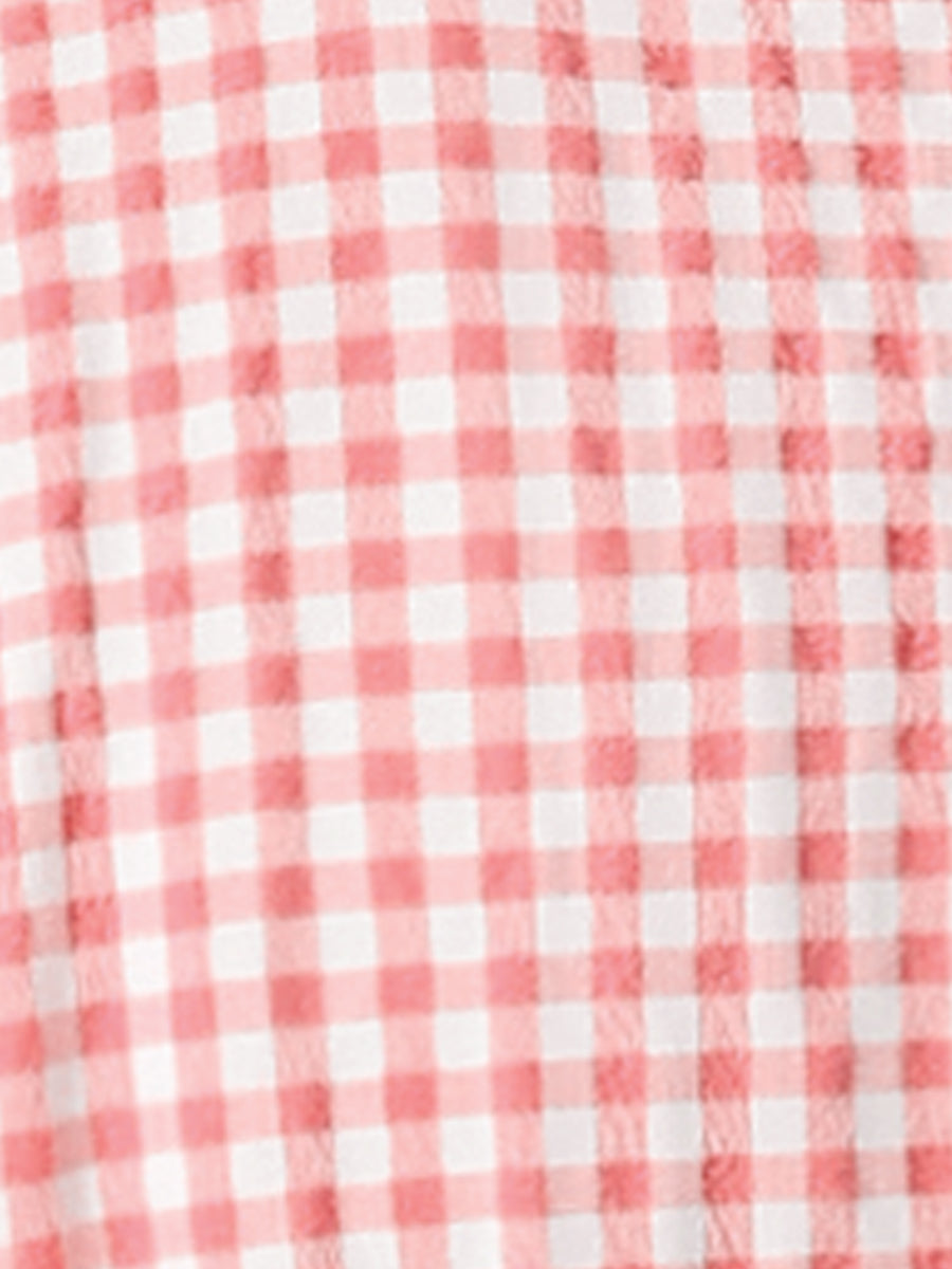 Ruffle Trim V Neck Button Decor Plaid Gingham Tiered Midi Dress