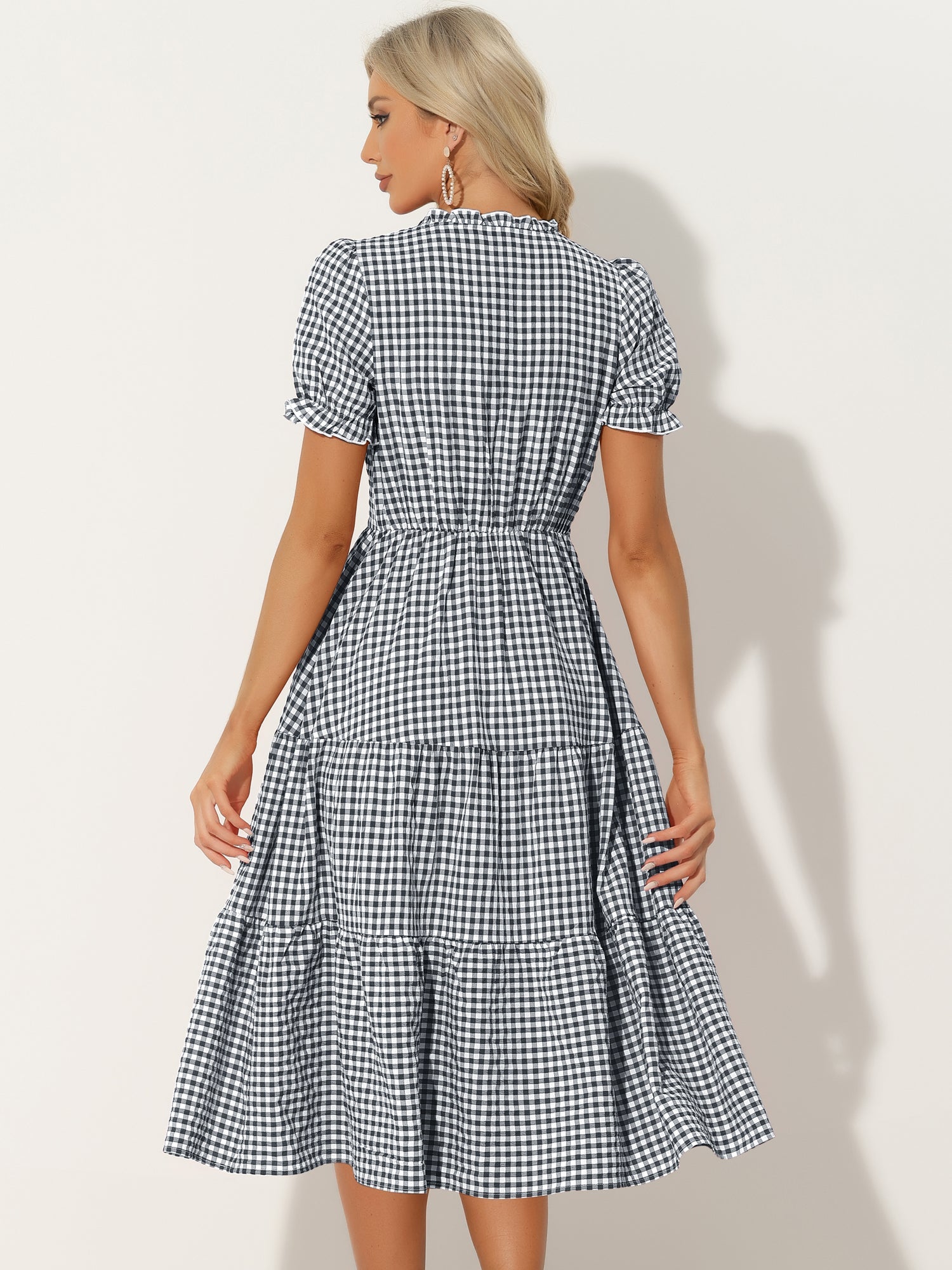 Ruffle Trim V Neck Button Decor Plaid Gingham Tiered Midi Dress