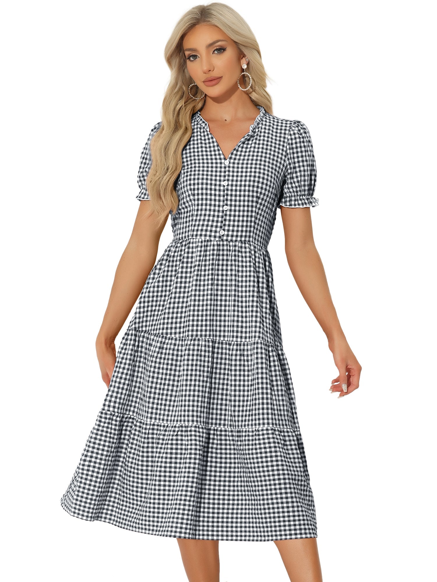 Ruffle Trim V Neck Button Decor Plaid Gingham Tiered Midi Dress